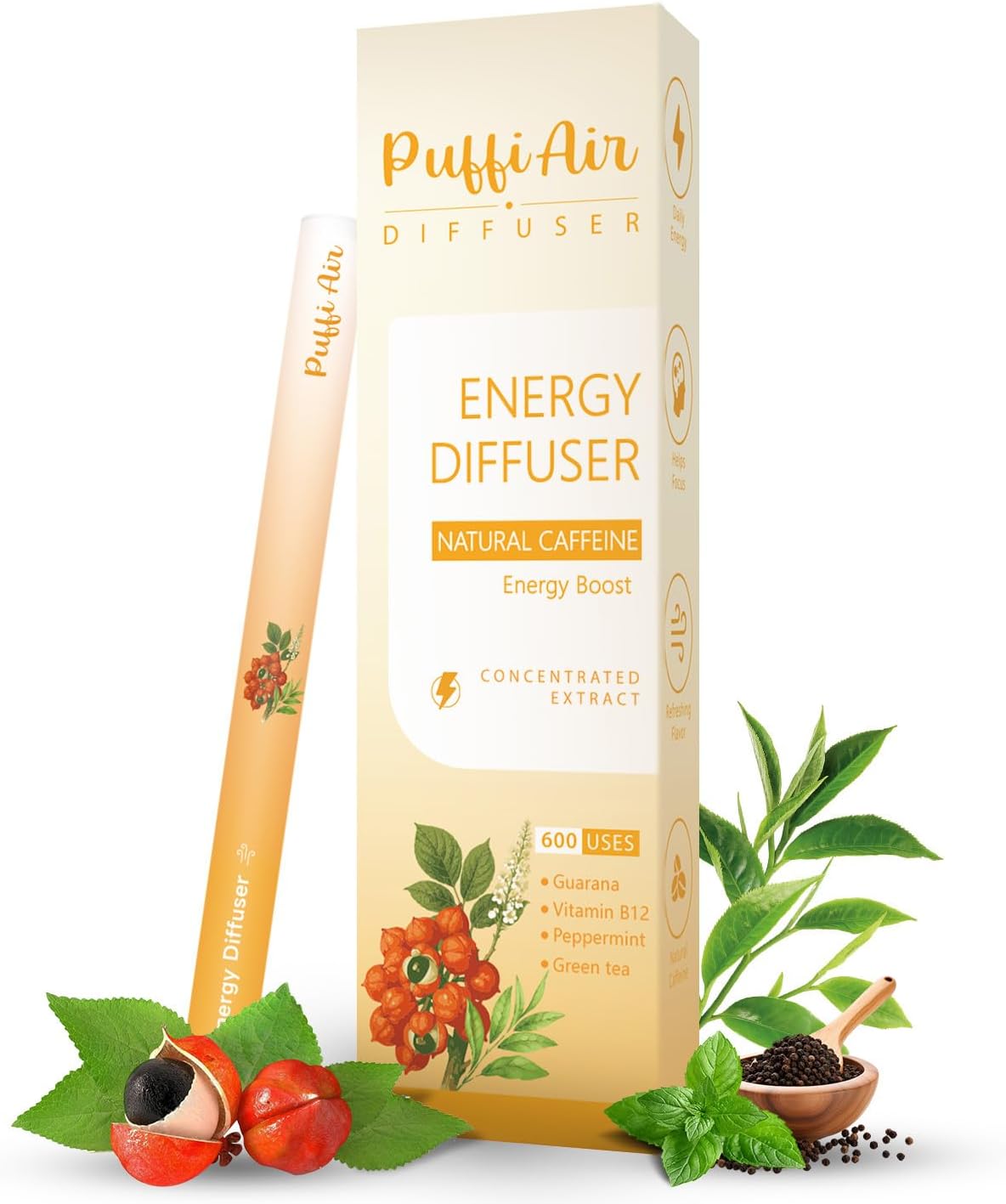 Energy Herbal Diffuser with Guarana, Green Tea Extract, Peppermint and Menthol Support for Energy Boost Focus and Oral Fixation - 600 Uses