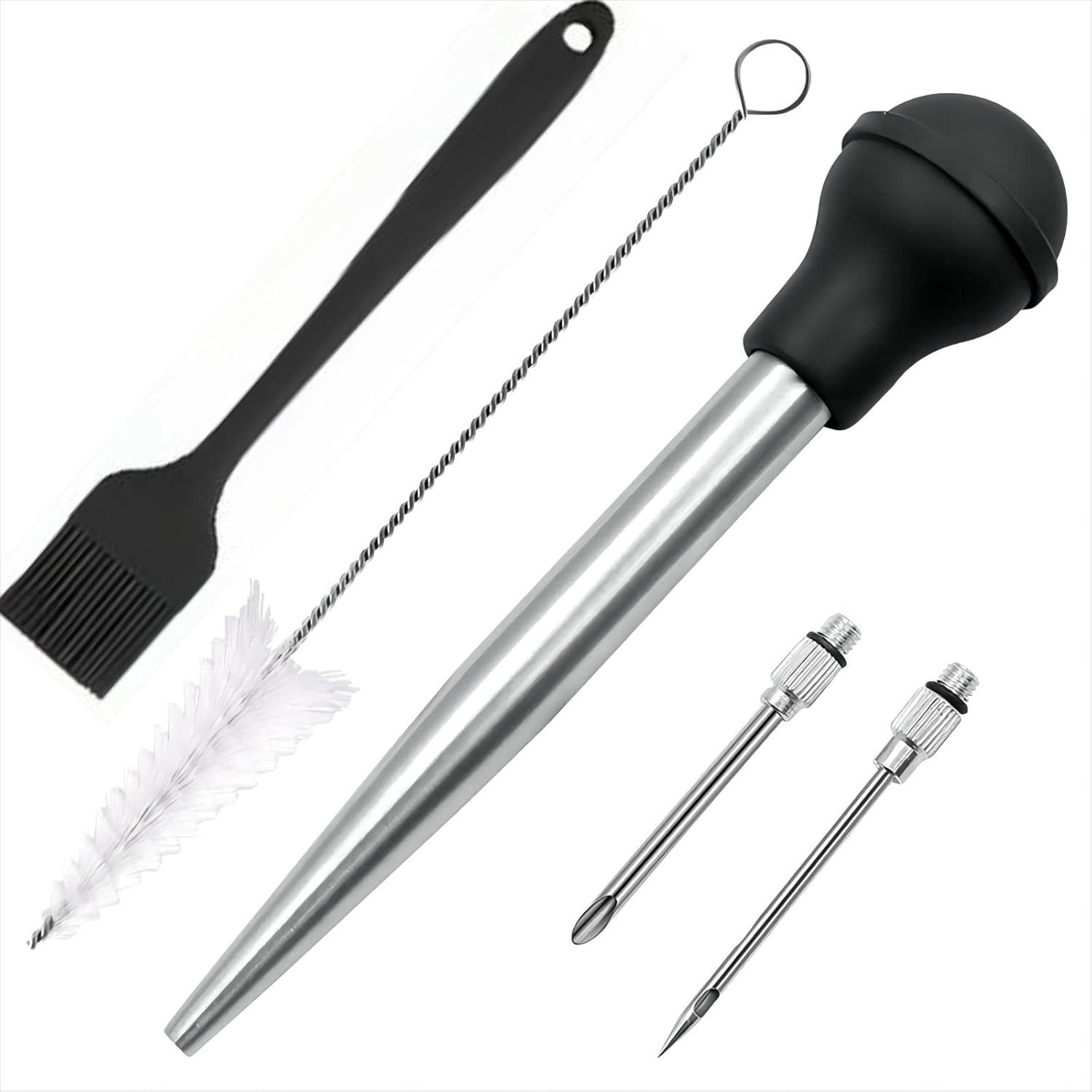 Turkey Bsater, Stainless Steel Turkey Baster Silicone Bulb with 2 Marinade Injector Needles and 2 Brush for Cooking Easy Clean and Dishwasher Safe Color Black