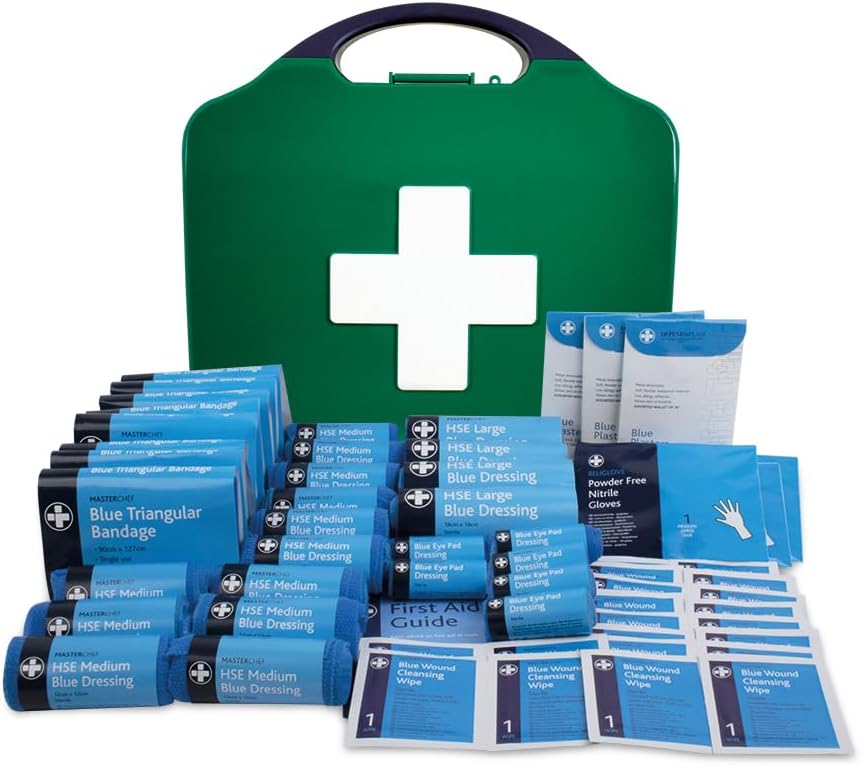 Reliance Medical Catering First Aid Kit - Masterchef 50 Person Basic Food Hygiene All Catering Kit Including Bandages, Dressings, Plasters, Cleansing Wipes & More, Aura Super Box with Carry Handle (Blue)