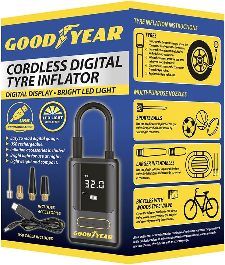 Goodyear Tyre Inflator | Portable rechargeable air compressor with 12V car adapter for cars, bikes, motorcycles and inflatables with digital display