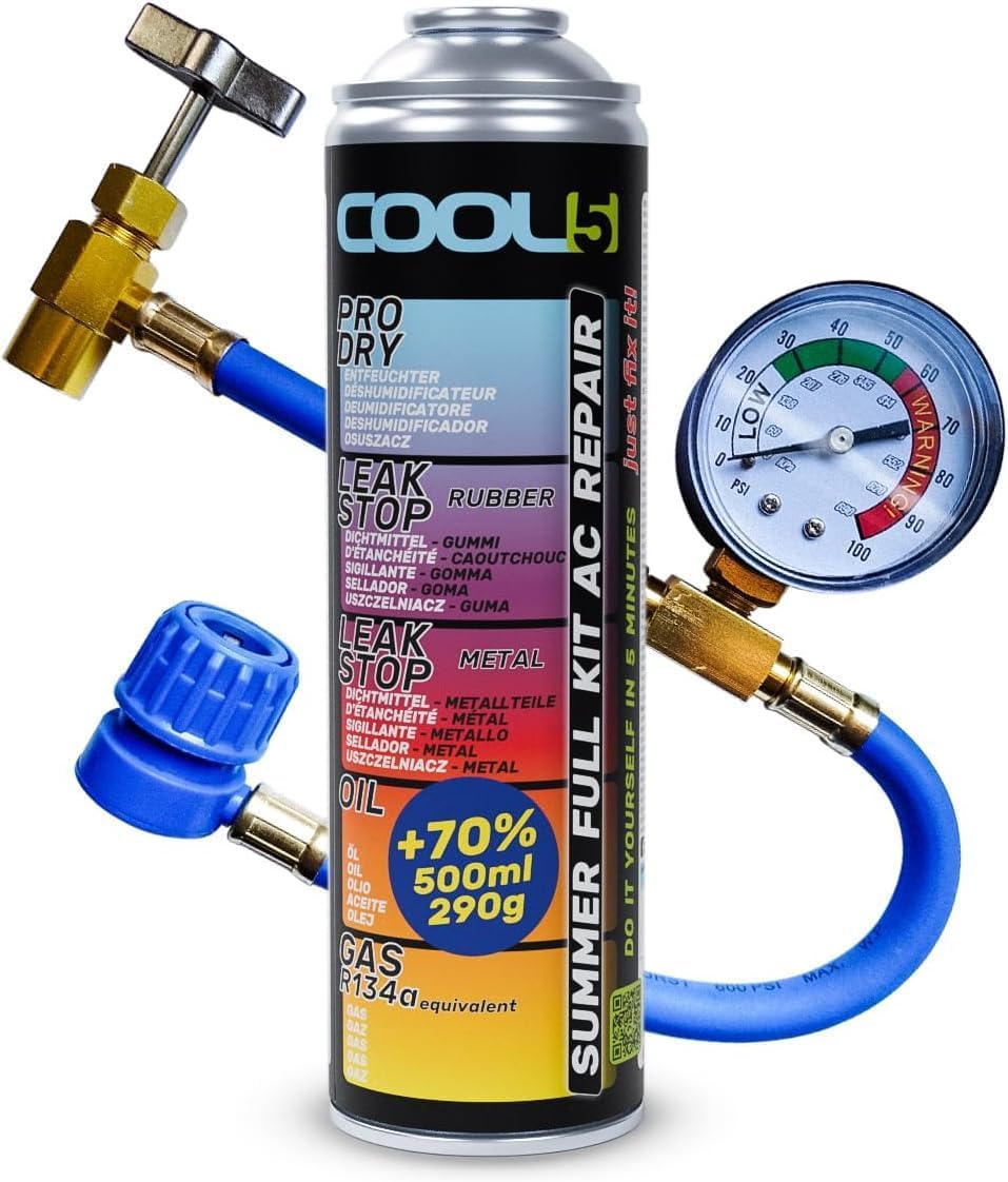 COOL5 R12/R134a 5-in-1 Aircon Recharge Kit + Hose (500ml) - AC Refill Bundle!