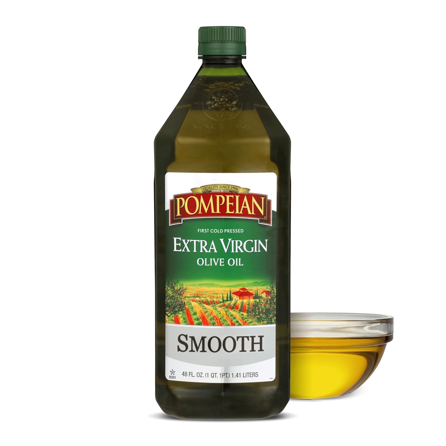 Pompeian Smooth Extra Virgin Olive Oil - 48 Fl Oz - First Cold Pressed Olive Oil for Cooking - Smooth Taste for Sauteing, Stir-Frying, and Baking