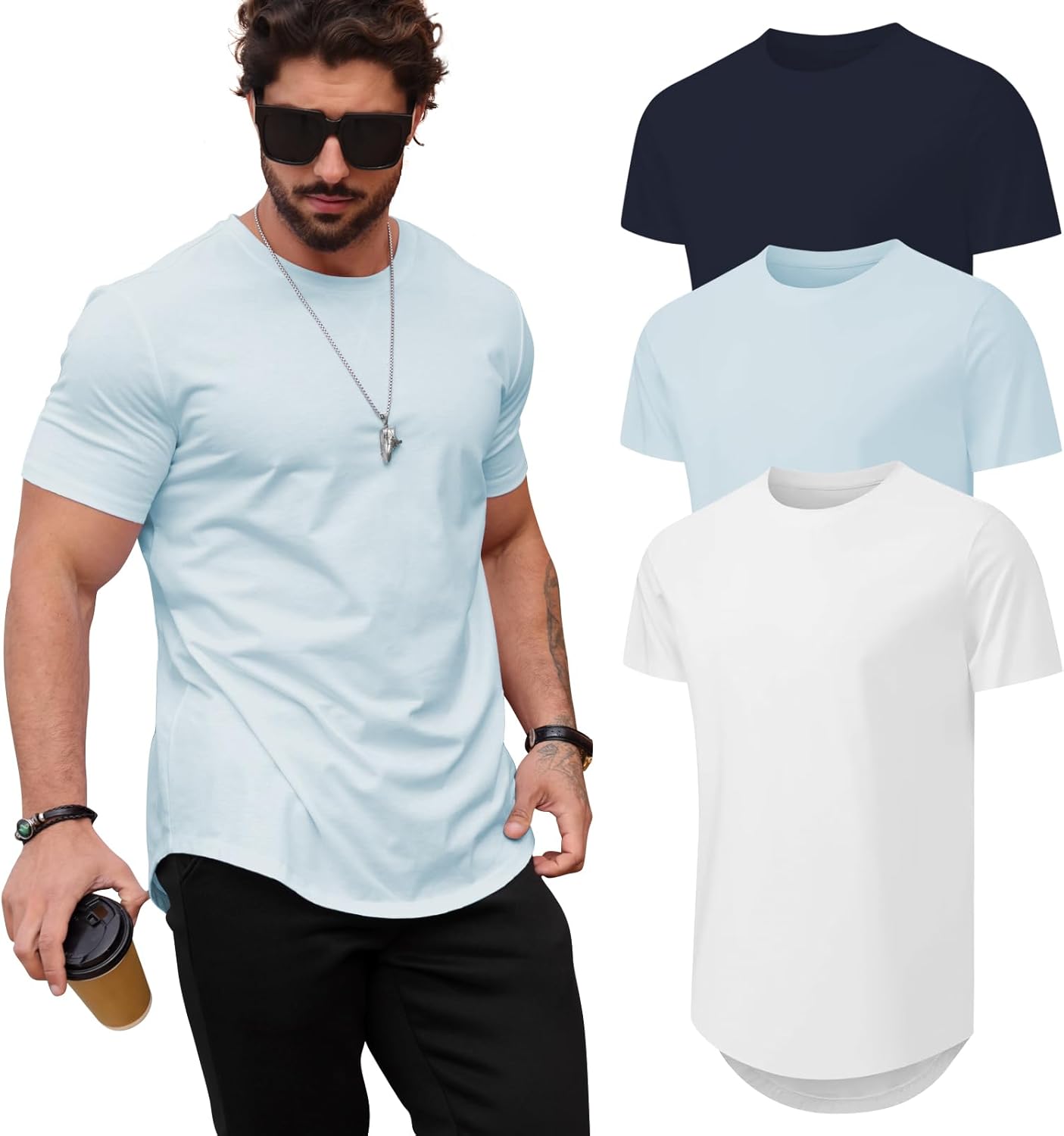 Mens T Shirts Casual Hipster Hip Hop Longline Crewneck Tee Shirts