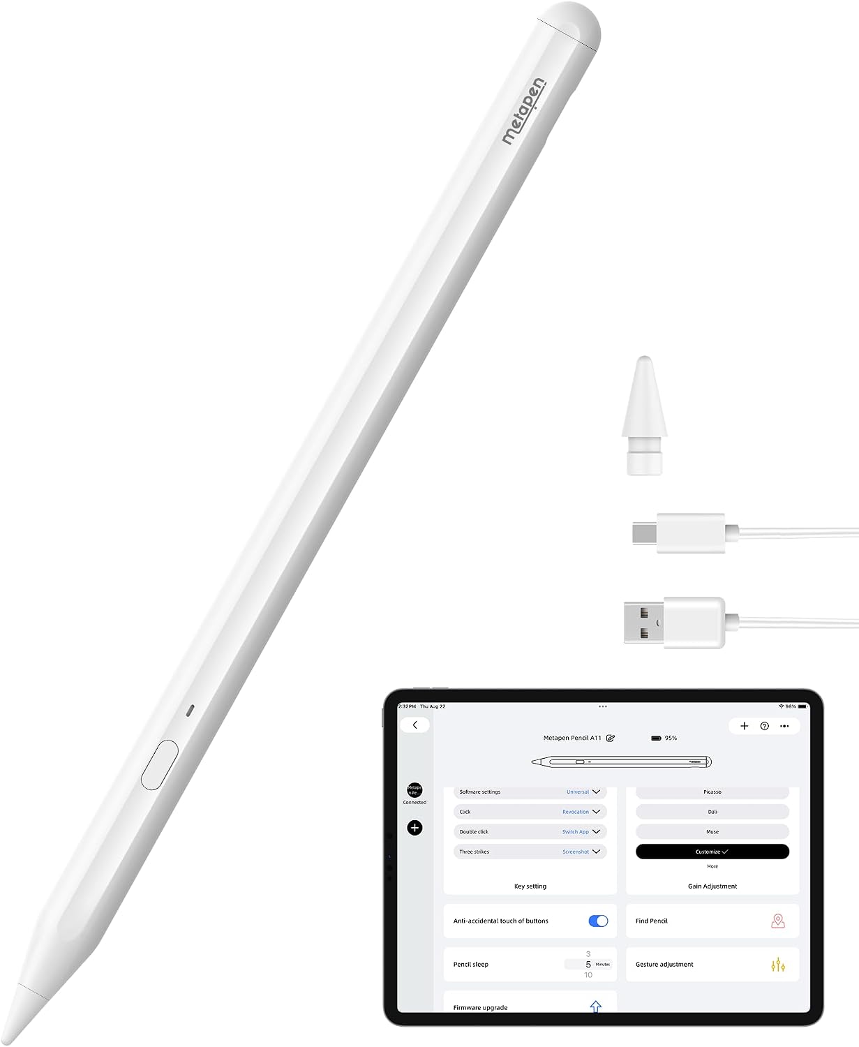 Metapen A11 iPad Pencil A16 Fast Charge Stylus Pen for iPad 2018-2026 with Palm Rejection, Apple Pencil Compatible for iPad Pro/Air/Mini 5/6,Magnetic,High Precision