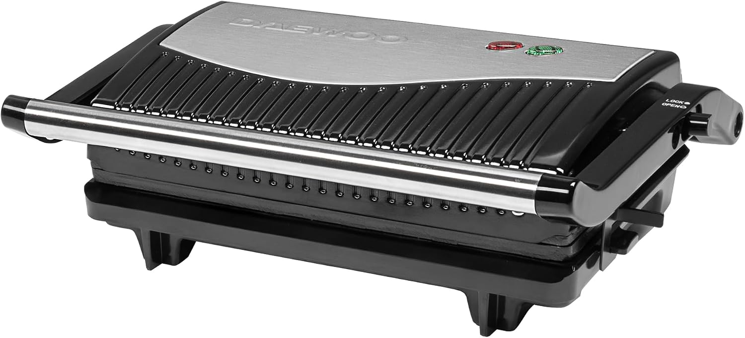 Daewoo Health Grill & Panini Press, 750W Electric Non-Stick Sandwich Maker with Floating Hinged Lid, Open Flat Grill, Drip Tray – Compact Tabletop Press for Meat, Veg & Toasties