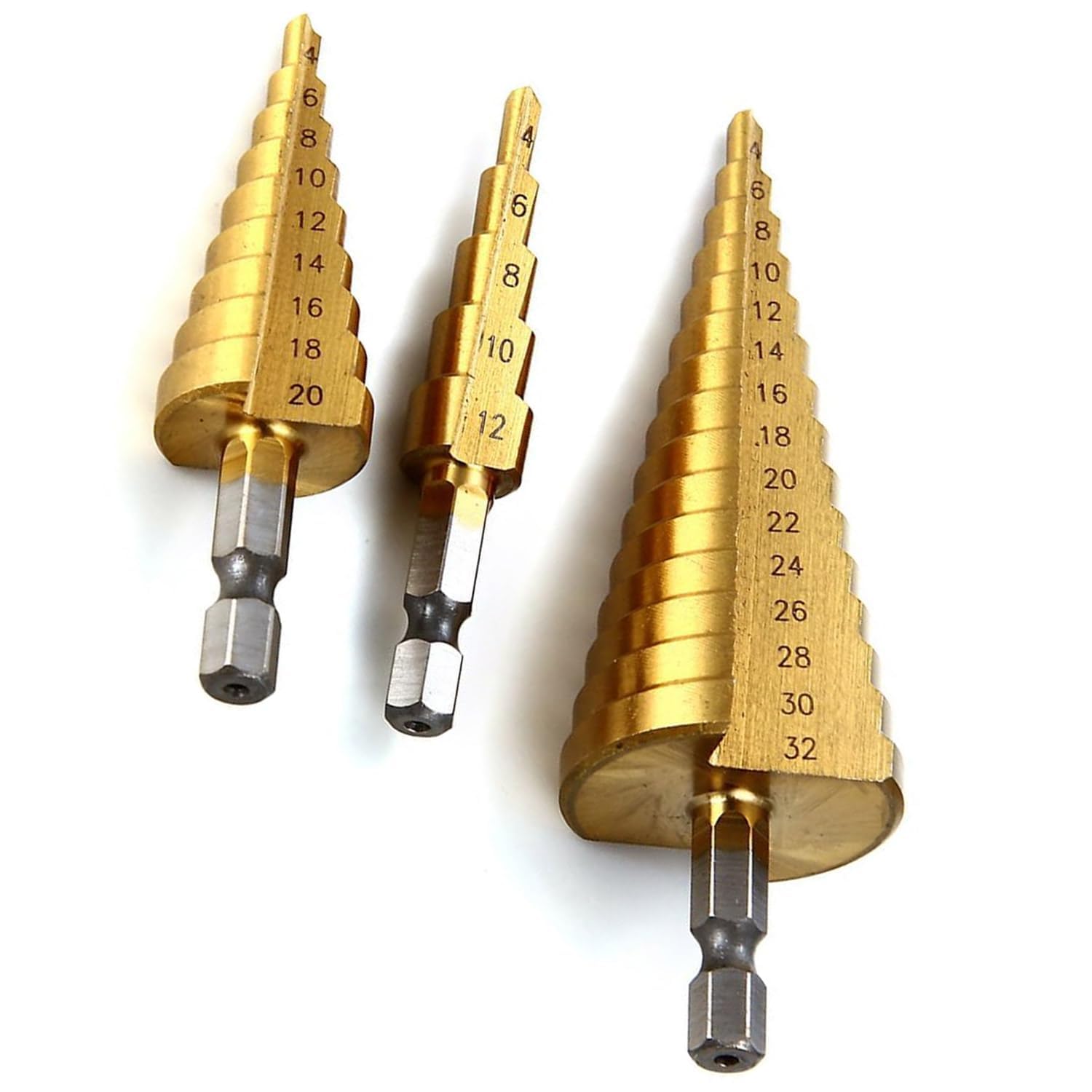 3 Pcs Large HSS Steel Step Cone Drill Bit Set - Titanium Bits for Metal, Wood, Plastic - Multi-Size Drill Bits - Ideal for DIY & Professional Use