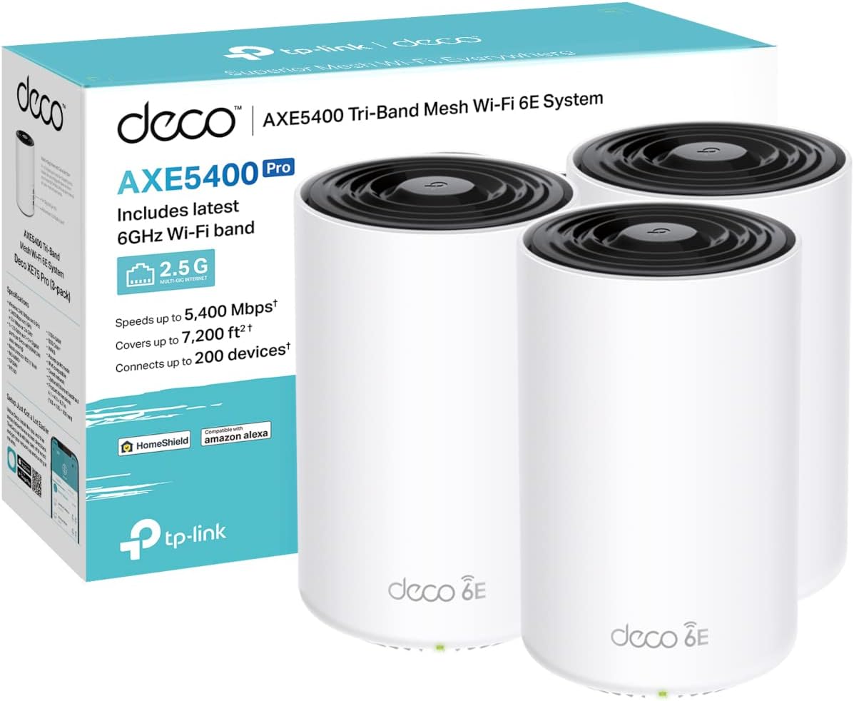 TP-Link Deco XE75 Pro(3-pack) AXE5400Mbps Mesh WiFi 6E System, True Tri-Band Speed, 2.5 Gbps Port, AI-Driven, Coverage up to 7200ft², WiFi Router, WiFi Extender Booster, Gaming & 4K, Easy Setup