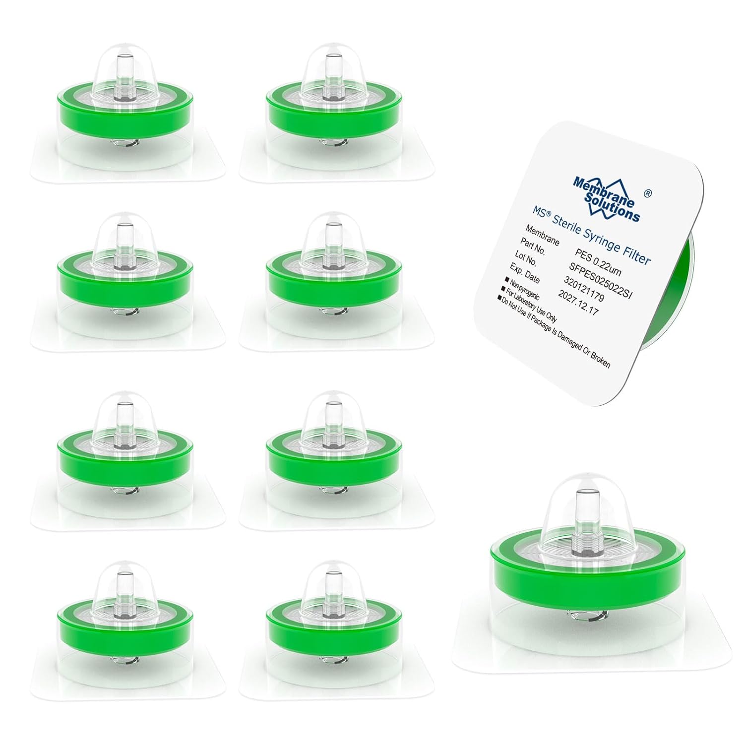 Membrane Solutions 10 Pack Syringe Filter Sterile PES Hydrophilic Filtration 0.22um Pore Size, 33mm Membrane Diameter Sterile PES Membrane Individually Packed