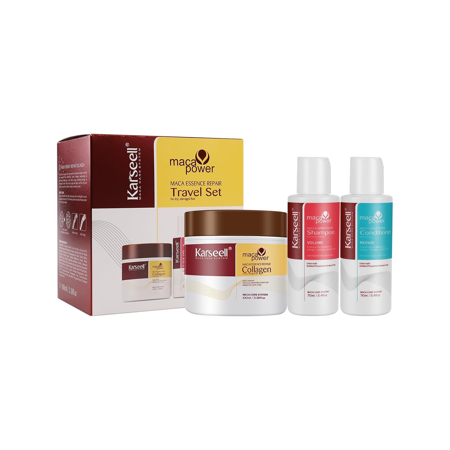Karseell Travel Size Toiletries for Women Hair Essentials Kit Volumizing Shampoo and Conditioner Set with Collagen Hair Mask Convenience Kits for Dry Damaged Hair All Hair Types