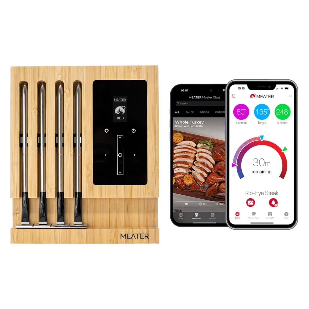 MEATER Block WiFi Smart Meat Thermometer, 4-Probe, Standalone Mode, BBQ | Long-range WiFi, Bamboo charging block. Apple Watch & Alexa compatible. For BBQ, oven, grill, kitchen, smoker, air fryer.
