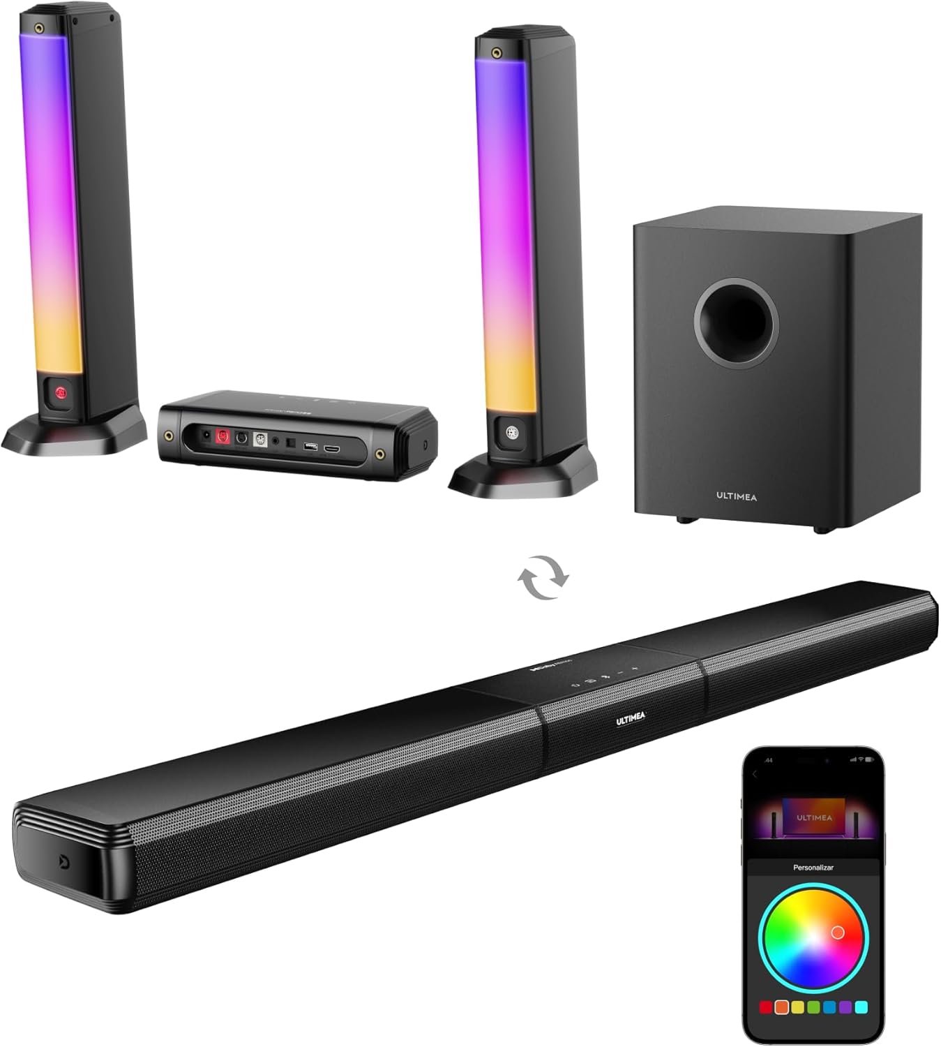 ULTIMEA 5.1ch Sound Bar w/Dolby Atmos, Surround Sound System Soundbar for Smart TV with Subwoofer, Detachable PC Soundbar with RGB Light, App Control, 320W Peak Power, HDMI eARC/OPT/AUX/BT, Apollo S80