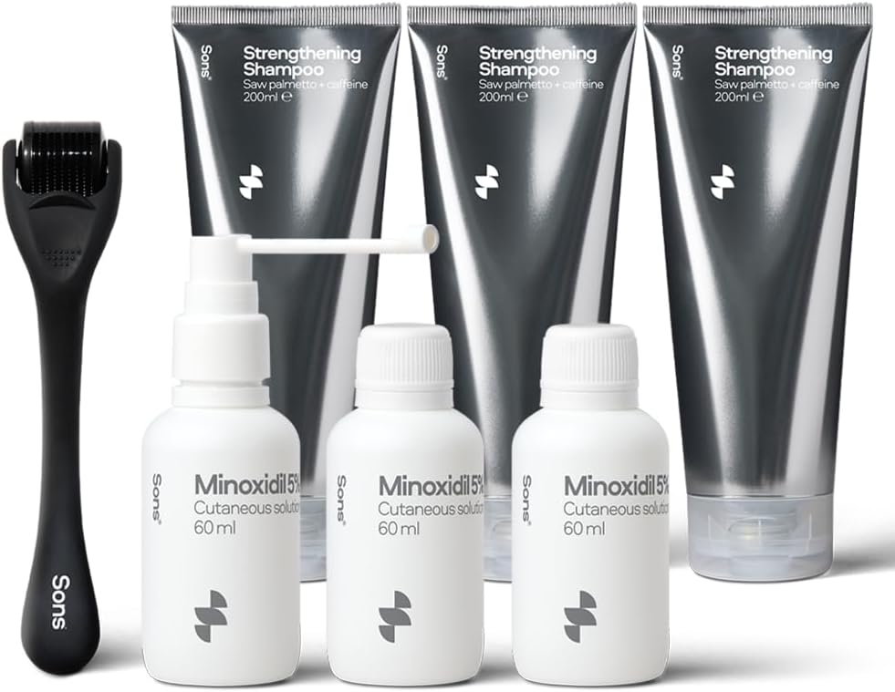 Sons Minoxidil 5%, Strengthening Shampoo and Dermaroller for Men. Hair Regrowth Treatment. Hair Growth Shampoo With Caffeine. Thickening, Anti-Dandruff, DHT Blocker. 3 Month Supply. Made in Europe.