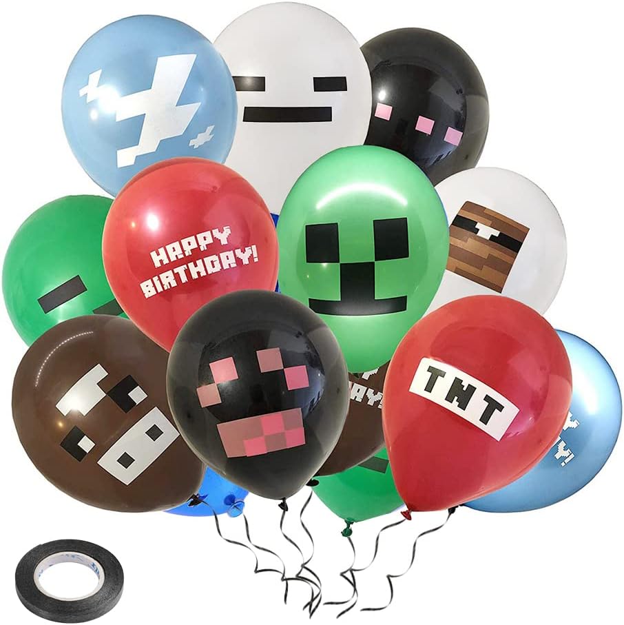 Kuou 24 Pcs Balloons with 1 Roll Ribbons (0.5cm*5m), 12 Inch Party Supplies Decorations for Boys' Birthday Gaming Theme