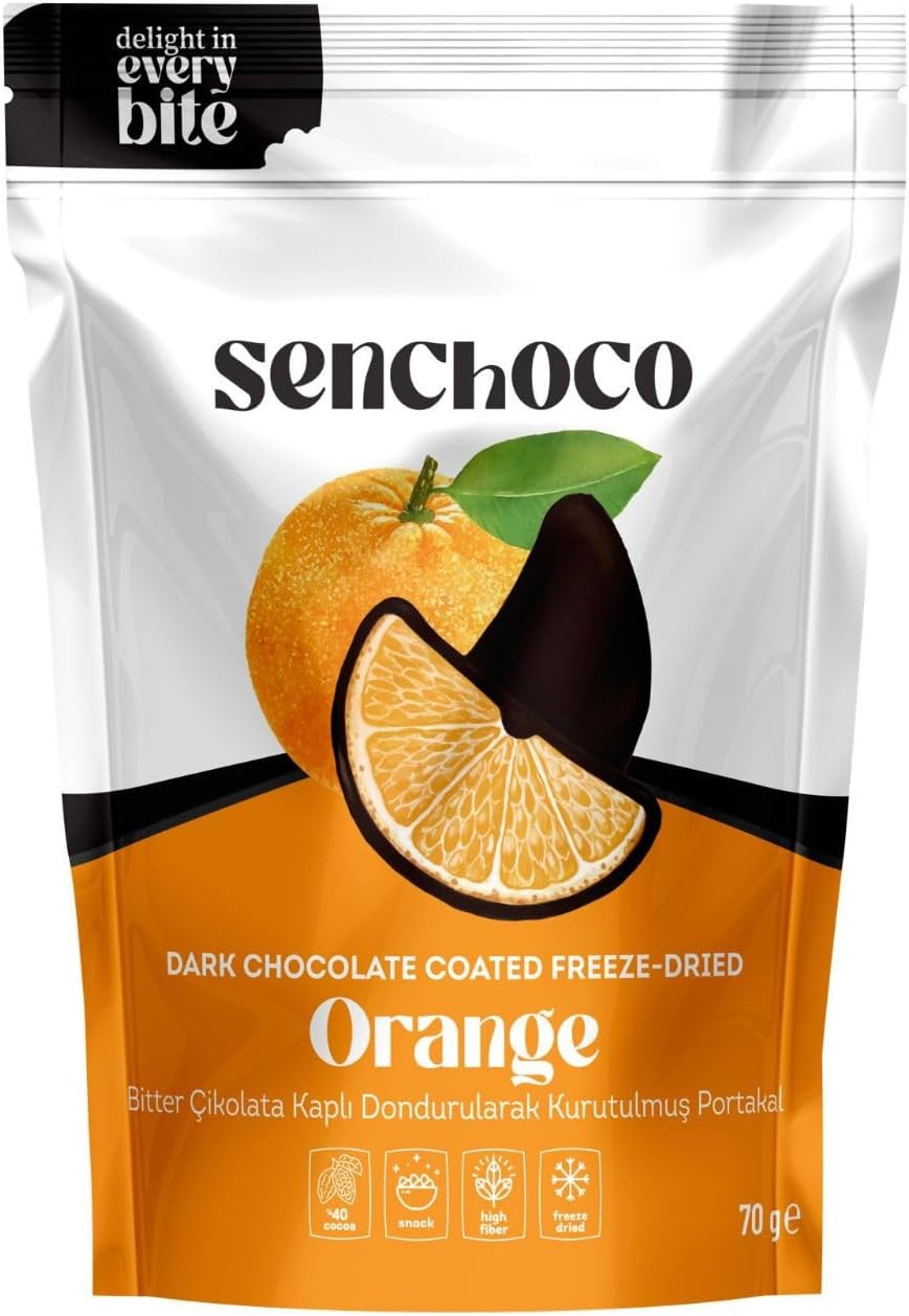 Senchoco Dark Chocolate Covered Freeze Dried Oranges 70g | Healthy Snacks | Low Calorie Chocolate Orange | Freeze Dried Fruit Snack