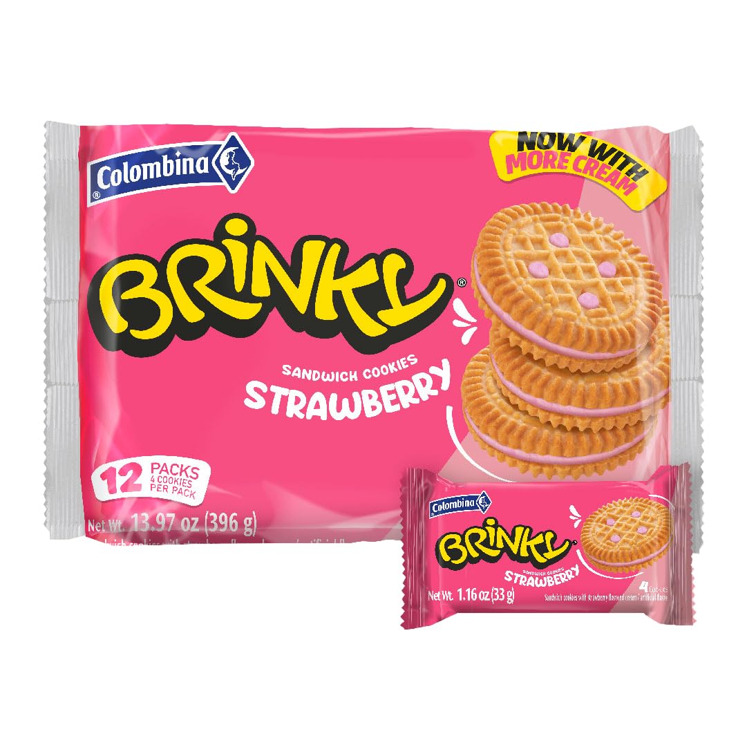 Colombina Brinky Cookies - Crunchy Sandwich Cookies w/Strawberry Cream Filling - 12 Individually Wrapped Snack Packs w/4 Cookies Each - Ideal Pantry Staples or Party Favors (13.97 oz)