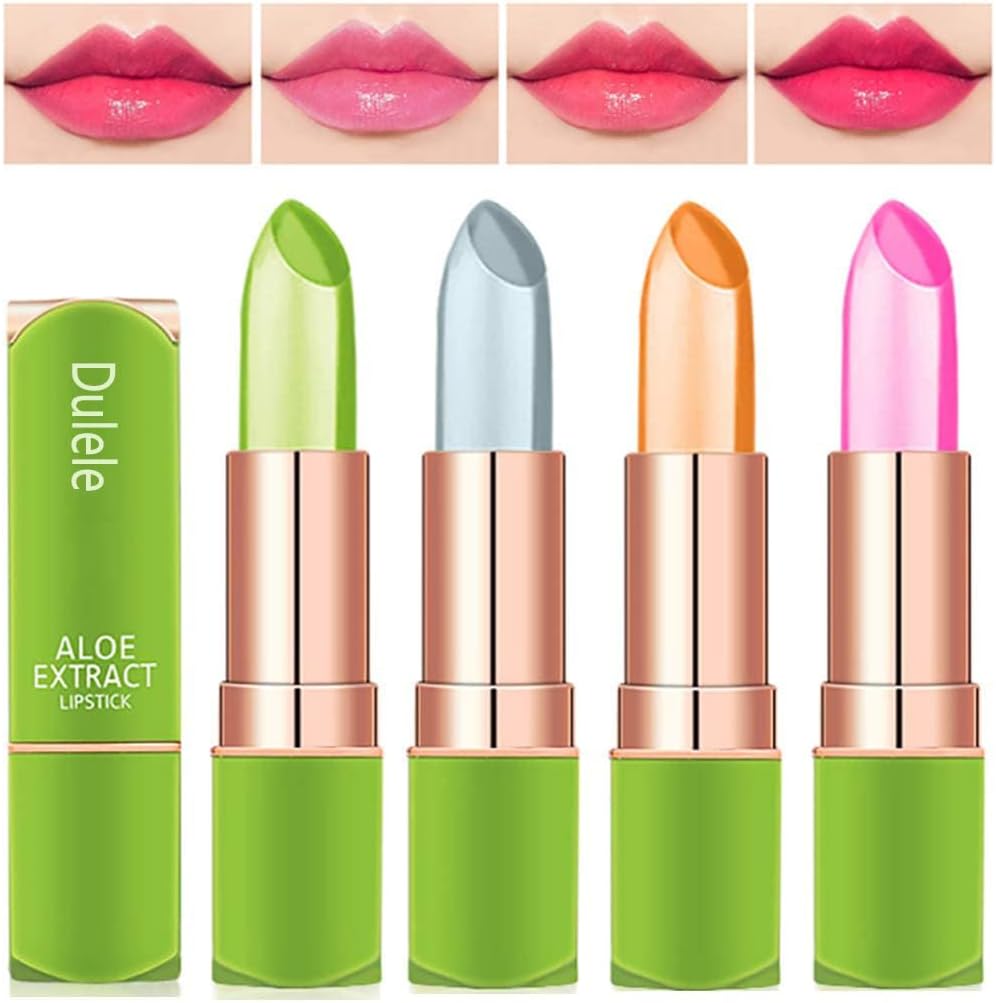 4 Colours Organic Aloe Vera Moisturizing Crystal Jelly Lipsticks, Dulele Magic Temperature Colour Changing Long Lasting Lip Balm Set (EEE)