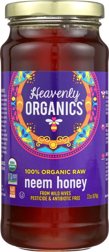 Heavenly Organics 100% Organic Raw Neem Honey (22 Oz, 2Pack); Lightly Filtered to Preserve Vitamins, Minerals and Enzymes; Made from Wild Beehives & Free Range Bees; Dairy, Nut, Gluten Free, Kosher