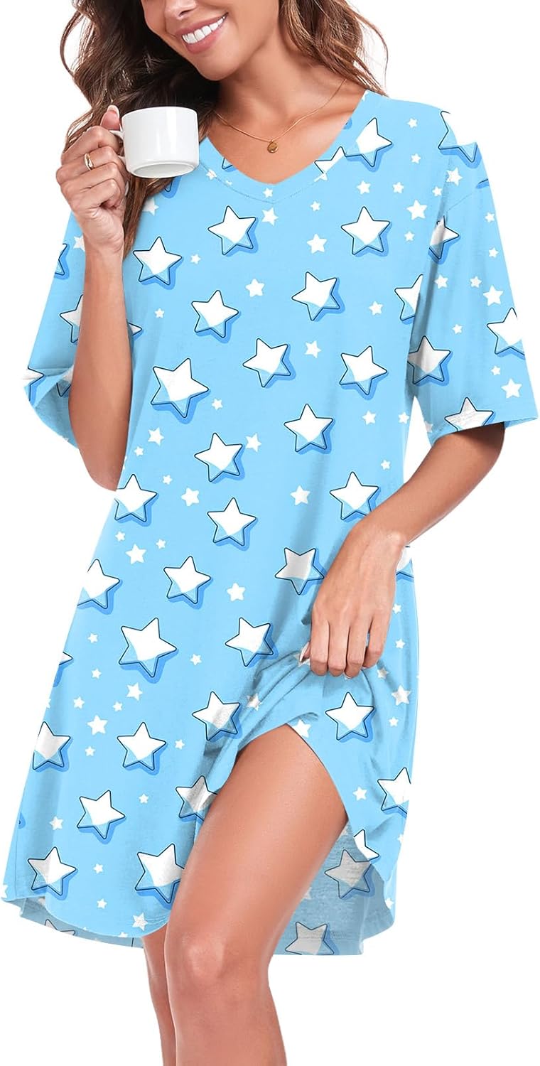 Women's Nightdresses Short Sleeve V Neck Nightshirt Casual Nightwear Dresses Nighties Loungewear