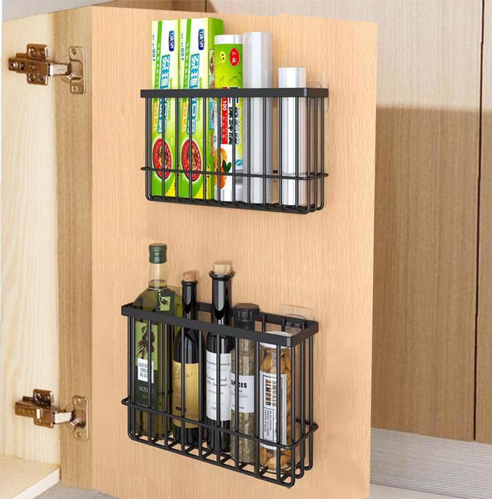EigPluy 2 Pieces Kitchen Cabinet Door Storage Box, Self-Adhesive Storage Box, Wall Mounted Metal Storage Boxes,Cabinet/Bathroom/Fridge Small Items Organiser Storage Boxes (Black)