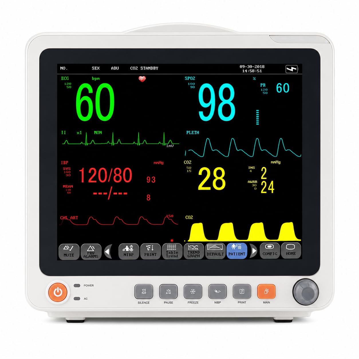 Patient Monitor, Multiparameter Vital Signs Machine, 5 Lead ECG Monitor with 12-inch Touchscreen, Blood Pressure, Respiration, Blood Oxygen Monitoring
