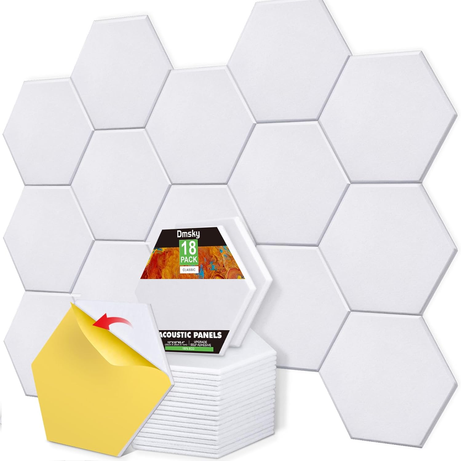 18 Pack Self-adhesive Acoustic Panels Soundproof Wall Panels 12"X10"X 0.4" Sound Absorbing Panel for Decoration Sound Deadening Panels Acoustic Treatment Panel For Home Office(White Hexagonal Design)