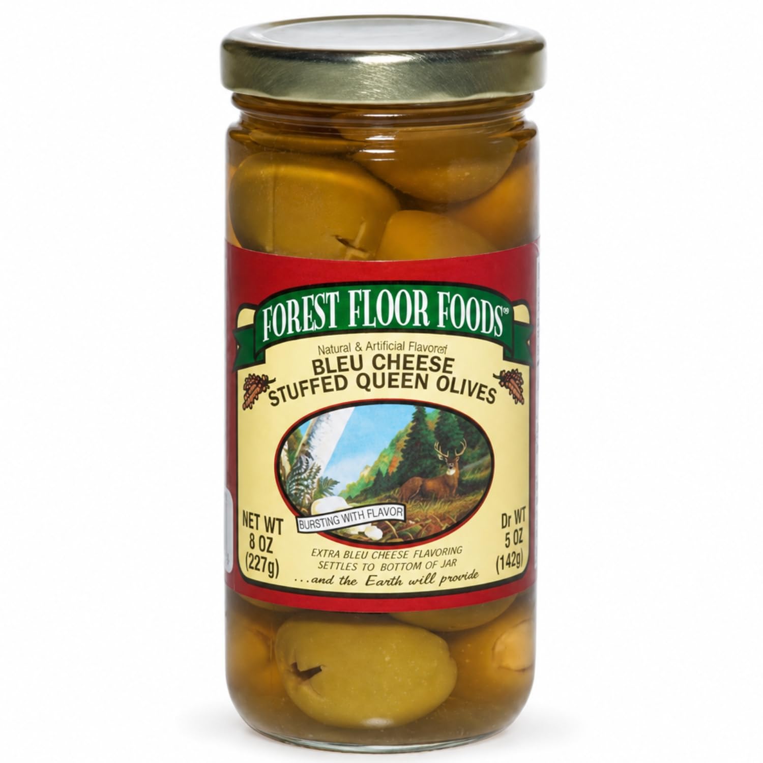 Forest Floor Foods Blue Cheese Stuffed Queen Olive, Stuffed Green Olives w/ Premium Ingredients and Brine, Decadent Bleu Cheese Flavor, 8 oz (1 Pack)