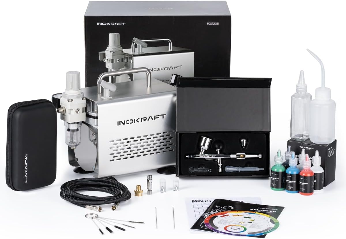 InoKraft Airbrush Kit with Air Compressor- 1/6 HP Quiet Air Compressor, Gravity Airbrush with 3 Tips 0.2, 0.3 & 0.5 mm- Hose, Holder, How-To Guide- Airbrush Paint Set for Model Painting gift 4 Colors