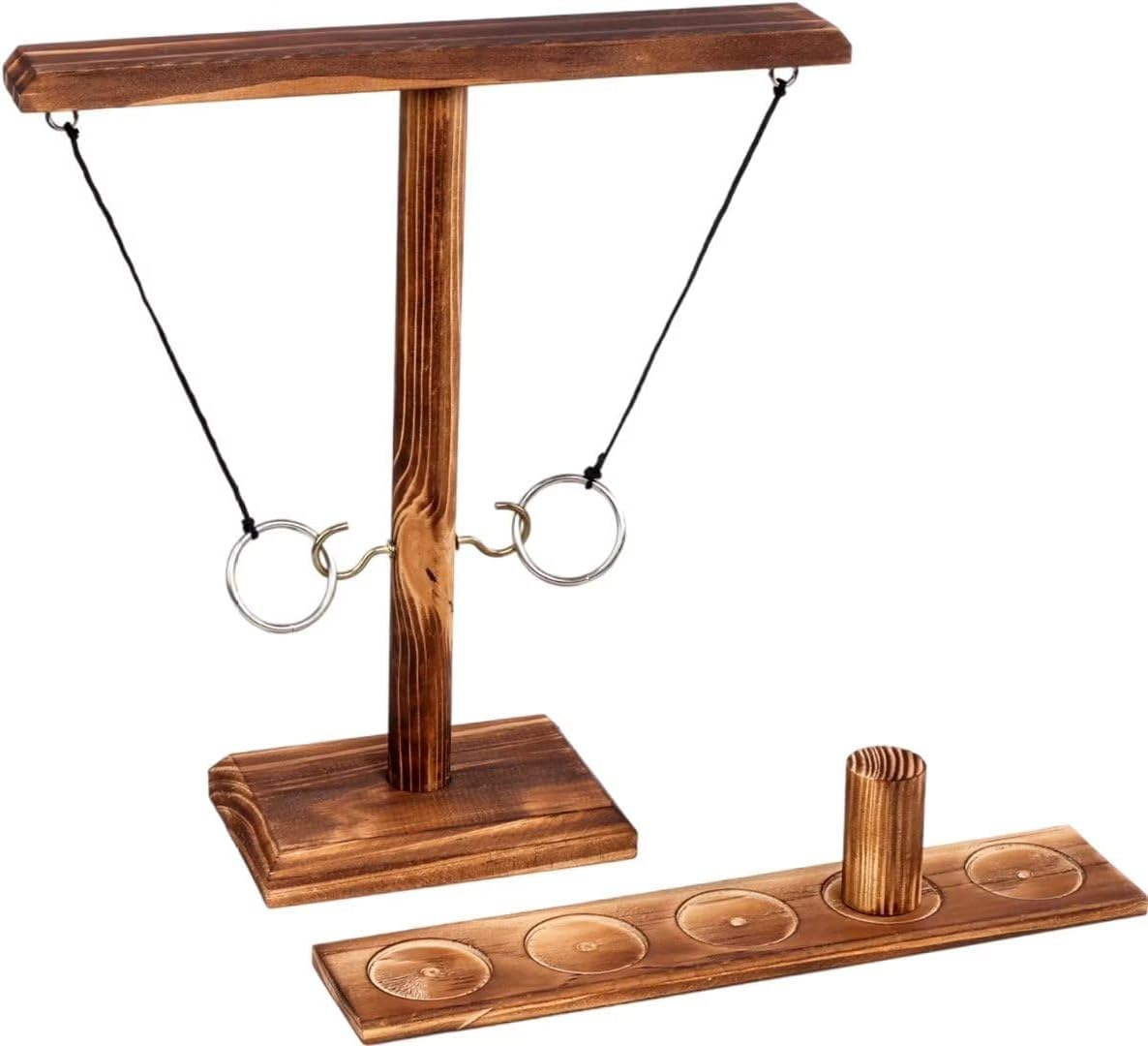 Ring Toss Games Hook and Ring for Kids Adults (Brown, 25cm) - Handheld Board Game With Shot Ladder, Outdoor Indoor Handmade Wooden Fast-Paced Interactive Game for Home Party