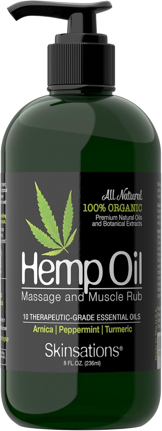 Skinsations – Hemp Massage Oil & Sore Muscle Rub | 100% Organic, 10 Essential Oils for Natural Relief, Arnica, Turmeric, Peppermint, Lavender in a Sweet Almond Oil and Hemp Seed Oil Base