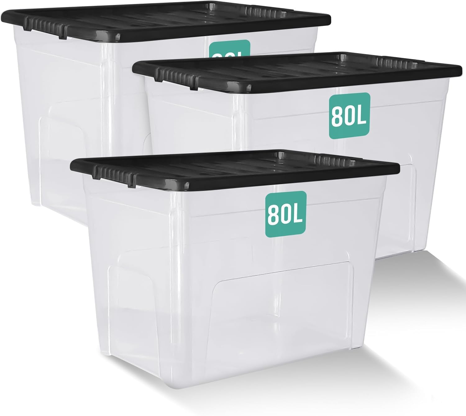 Klass Home Collection 3 x 80 Litre Large Plastic Storage Boxes With Lids - Heavy Duty Stackable 80L Large Storage Box With Lid, Big Plastic Containers For Home, Moving, Garage (3 x 80L - Black Lid)