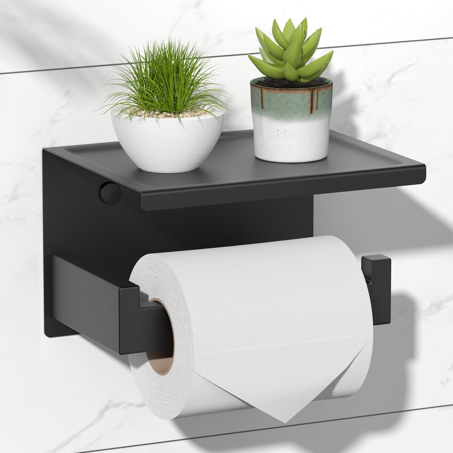 HITSLAM Matte Black Toilet Roll Holder with Phone Shelf, Stick on Toilet Paper Holder for Bathroom, SUS 304 Stainless Steel, Two Installation of Self-Adhesive and Wall Mounted