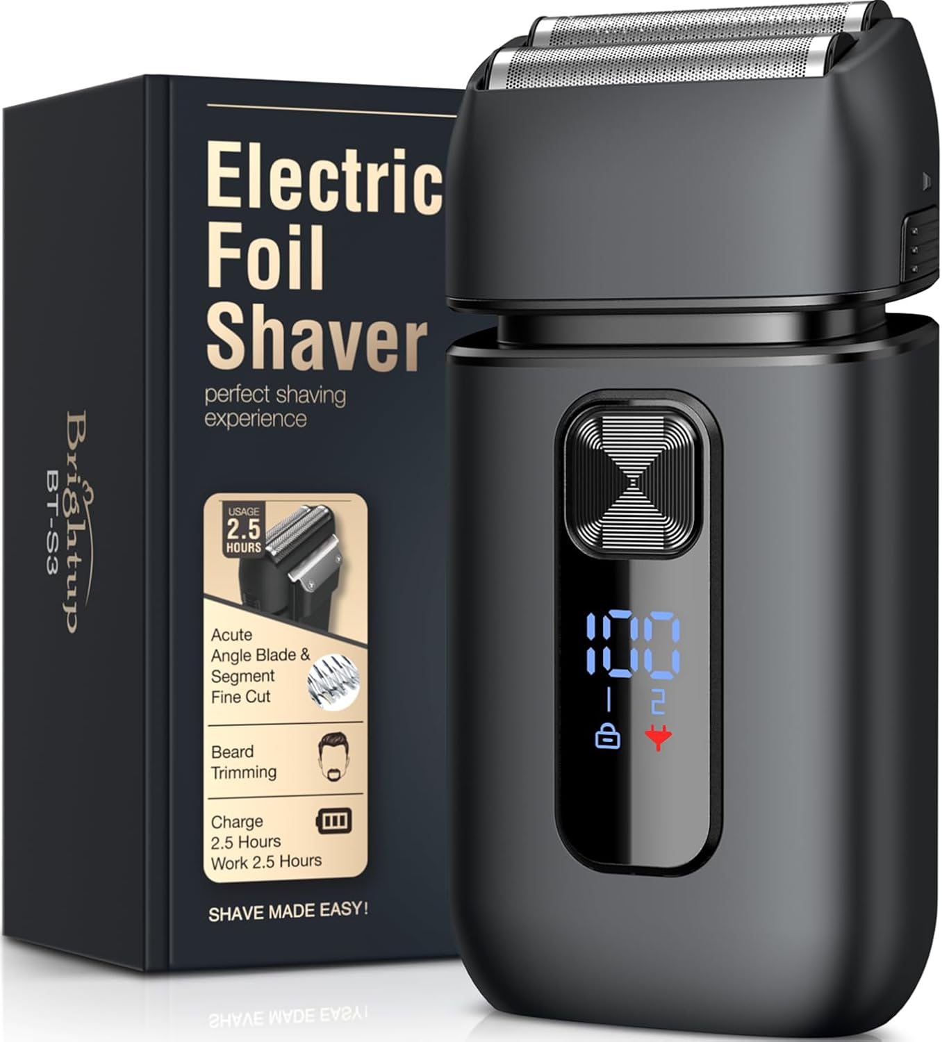 Brightup Foil Shaver, Electric Razor for Men, Upgraded Electric Shaver with Pop Up Trimmer, USB-C Rechargeable, Waterproof, Cordless, Double Floating Blade for Close Shaving, Black