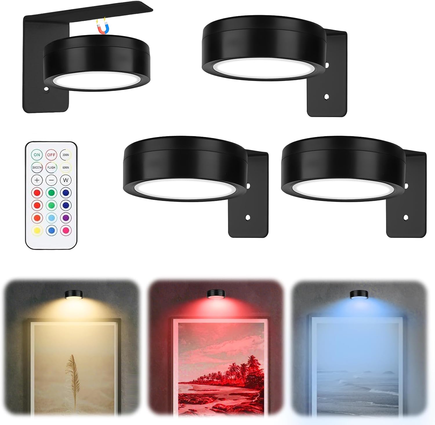3 Pcs Magnetic Wall Lights - 13 RGB Wireless Picture Lights with Remote, Battery Operated Art Drawing Wall Lamp, Poster Light, Creative LED Wireless Lamp for Home Bedroom Living Room, Black