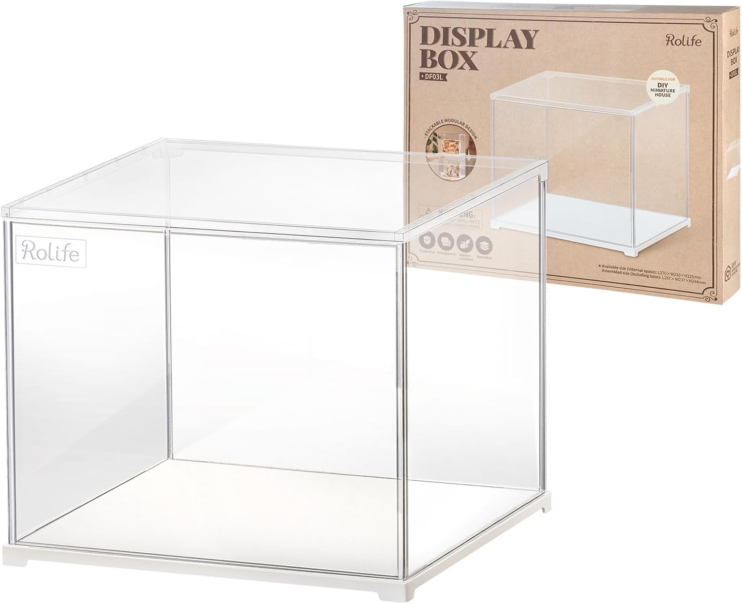 Rolife Dust Cover for Miniature House Building Sets Dsplay Case, Stackable Acrylic Display Box for Collectibles Storage Box with Door Dustproof Prevention (10.6x8.6x8.5inch)