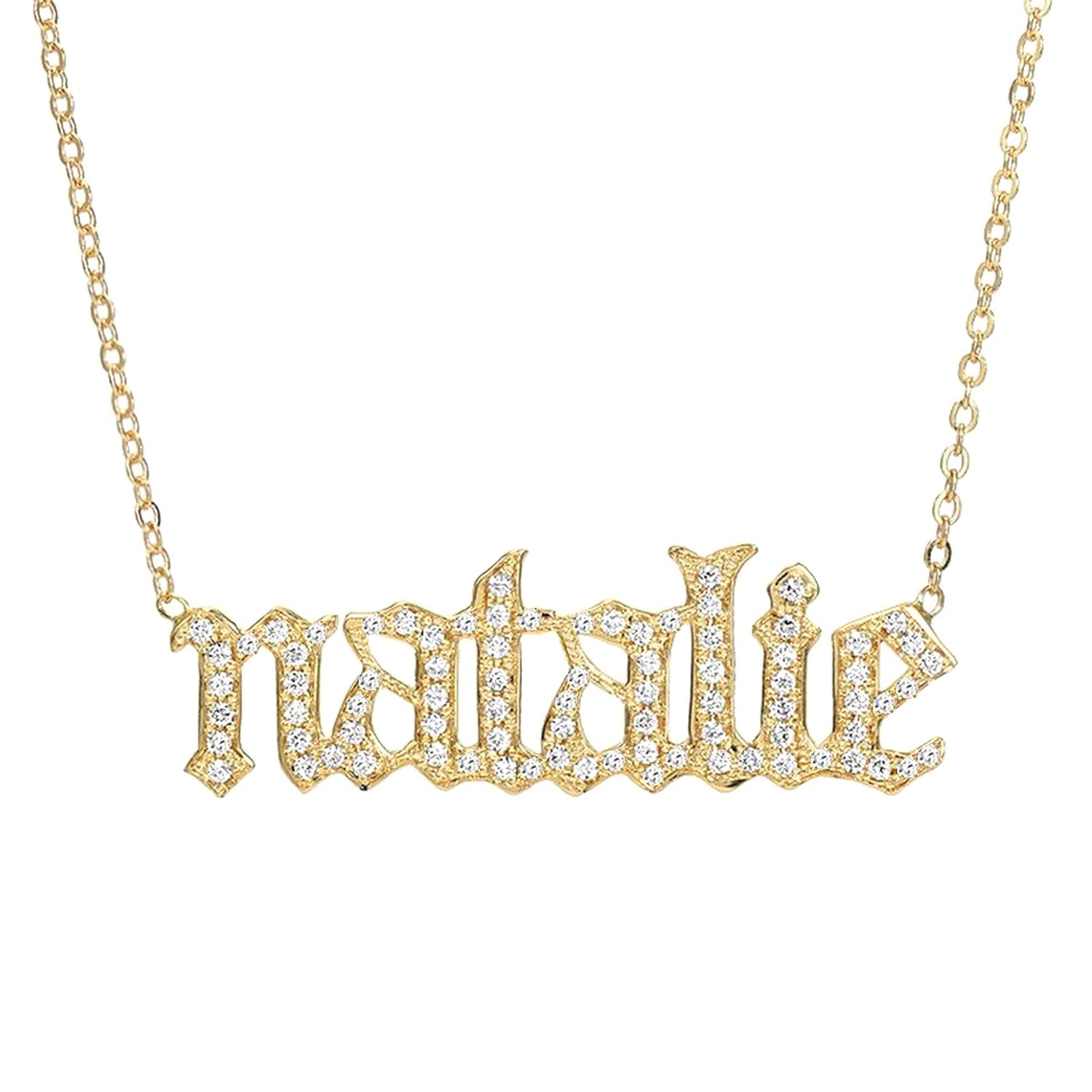 14k Gold Old English Font Name Necklace - Personalized Custom Name Jewelry - Choose Plain, Zirconium, or Diamond - Ideal for Memorable Gifts (Diamond)