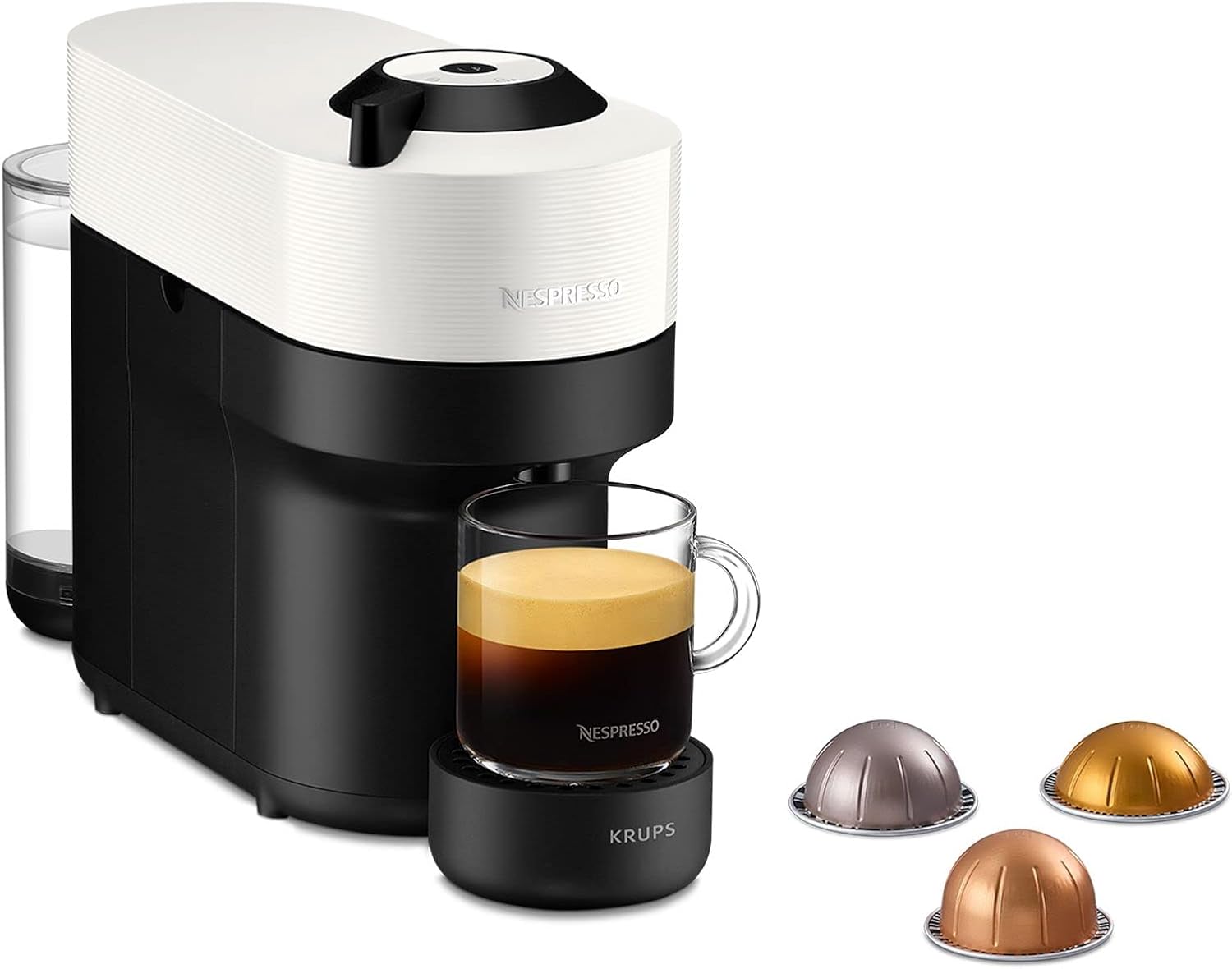 Nespresso Vertuo Pop Automatic Pod coffee machine for Americano, Decaf, Espresso by Krups in Coconut White | Compact machine brews up to 6 cup sizes for Vertuo coffee pods, 12 pod discovery box included. Americano, Decaf and Espressos
