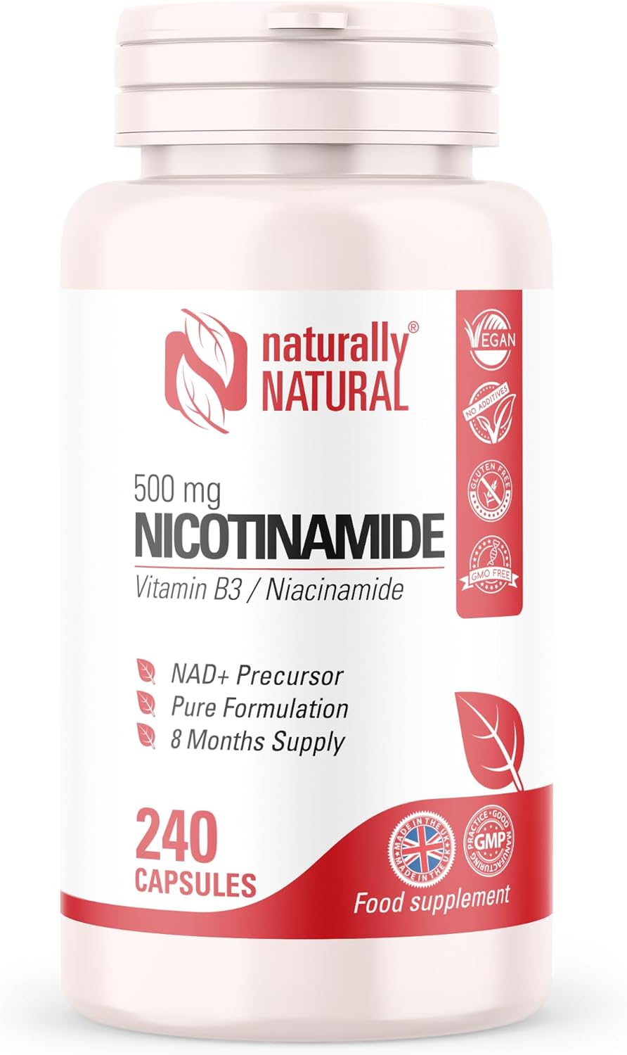Vitamin B3 Nicotinamide 500mg | 240 Vegan Capsules | 8 Months Supply | Pure No Flush Niacin | High Strength Niacin as Niacinamide Supplement | NAD Precursor Supplement | UK Made by Naturally Natural