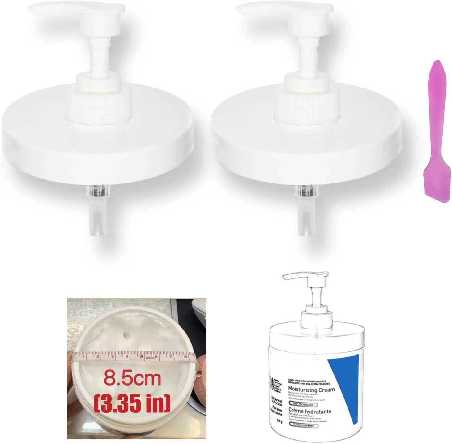 Pump Lid Compatible with CeraVe Moisturizing Cream 3.35"/8.5cm Opening, One-Touch Dispenser, Mess-Free Twist-On Design, 2 Pack with a Spatula, Skincare Organizer Essential