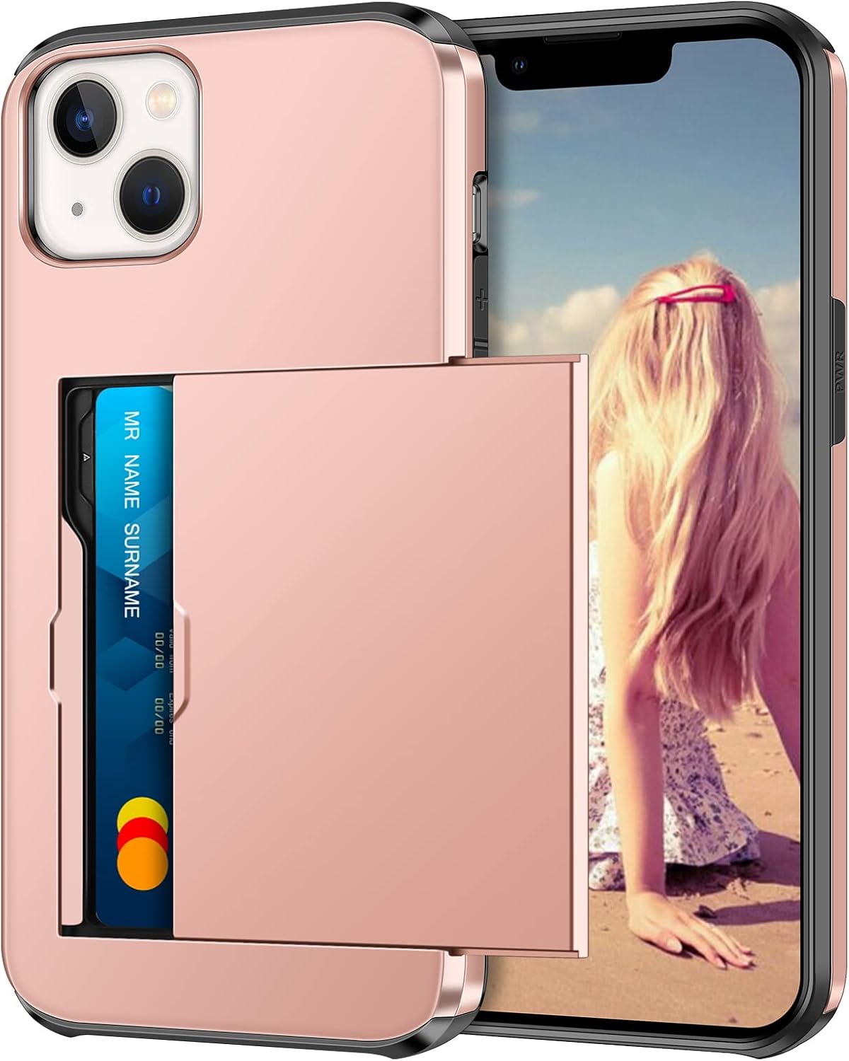 Coolden for iPhone 14 Plus Case Wallet Case Armor Shockproof Case Heavy Duty Protective Case Hard PC Back Soft TPU Bumper Card Holder Slot Wallet Case Cover for iPhone 14 Plus Phone Case (Rose Gold)