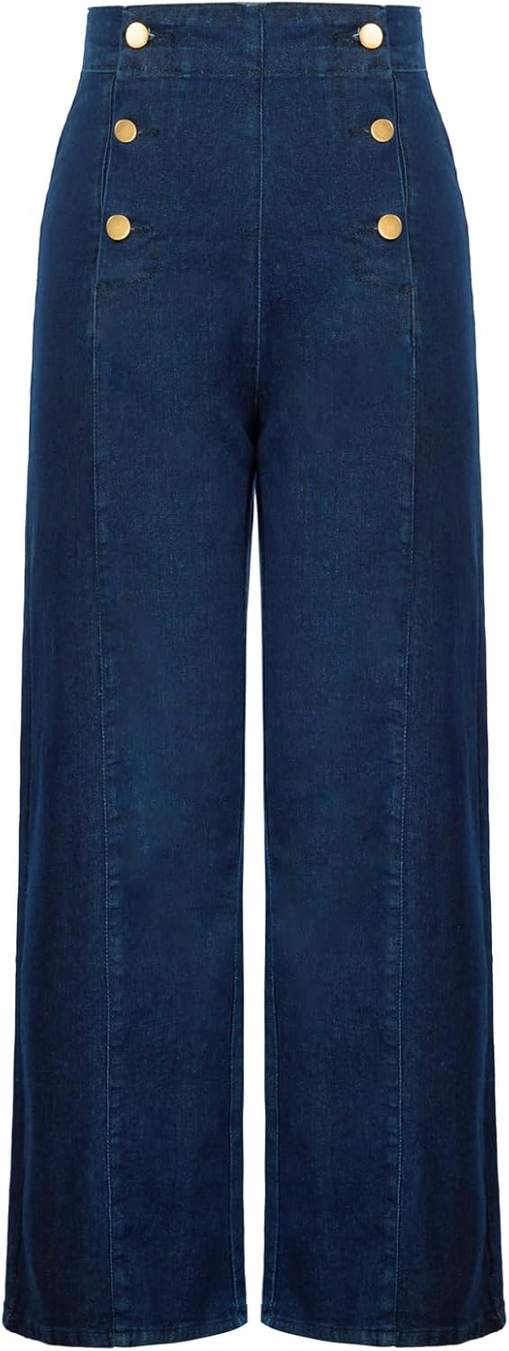 Belle Poque Women's High Waisted Wide Leg Jeans Button Decorated Casual Stretchy Demin Pants with Pockets