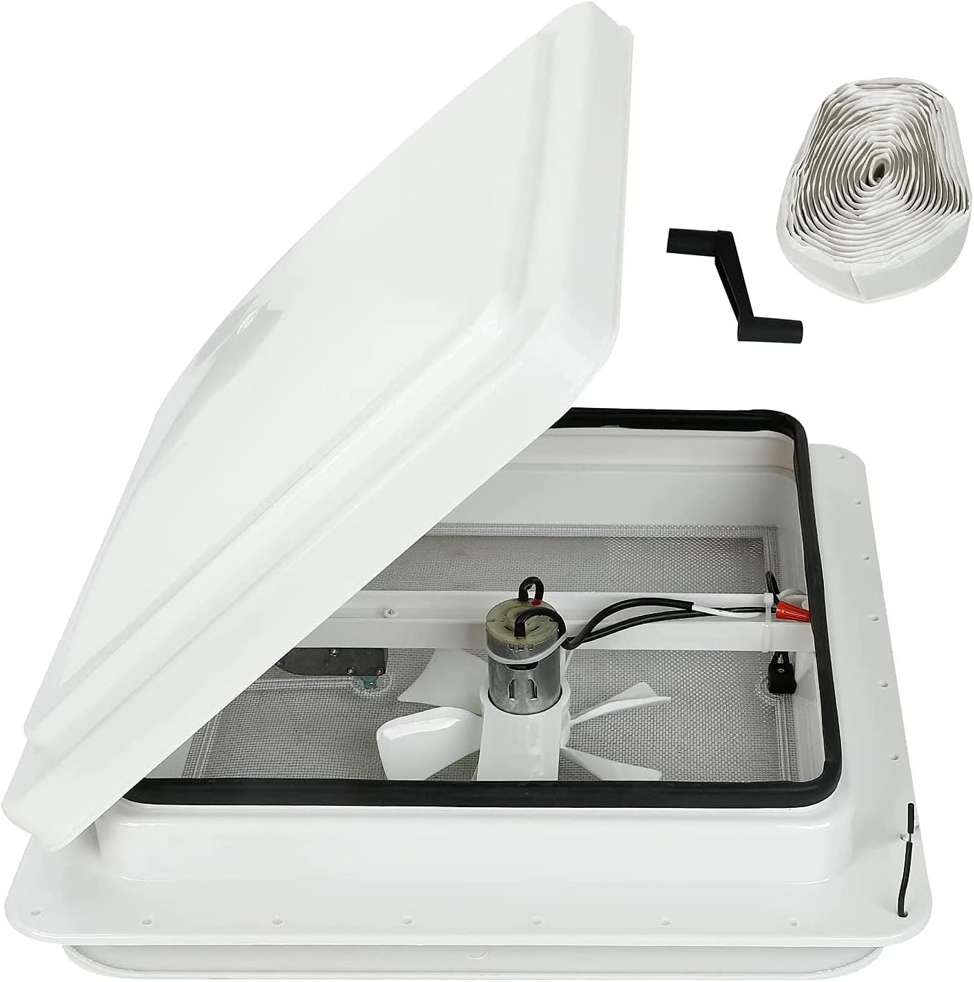 14" RV Roof Vent for Camper Trailer Universal White Lid Roof Vent with 12V RV Vent Fan 6" Blades White lid Inner for Garnish Ring
