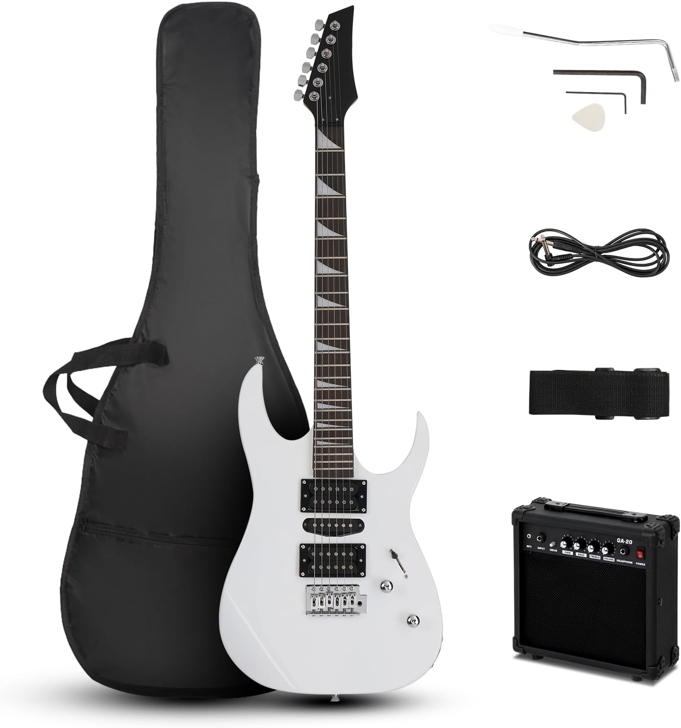 LALAHO 39 Inch Beginners Electric Guitar Kit with H-S-H Pickup, Solid Body Electric Guitar Set with 20W Amplifier, Tremolo Arm, Bag, Pick, Shoulder Strap, Cable (White)