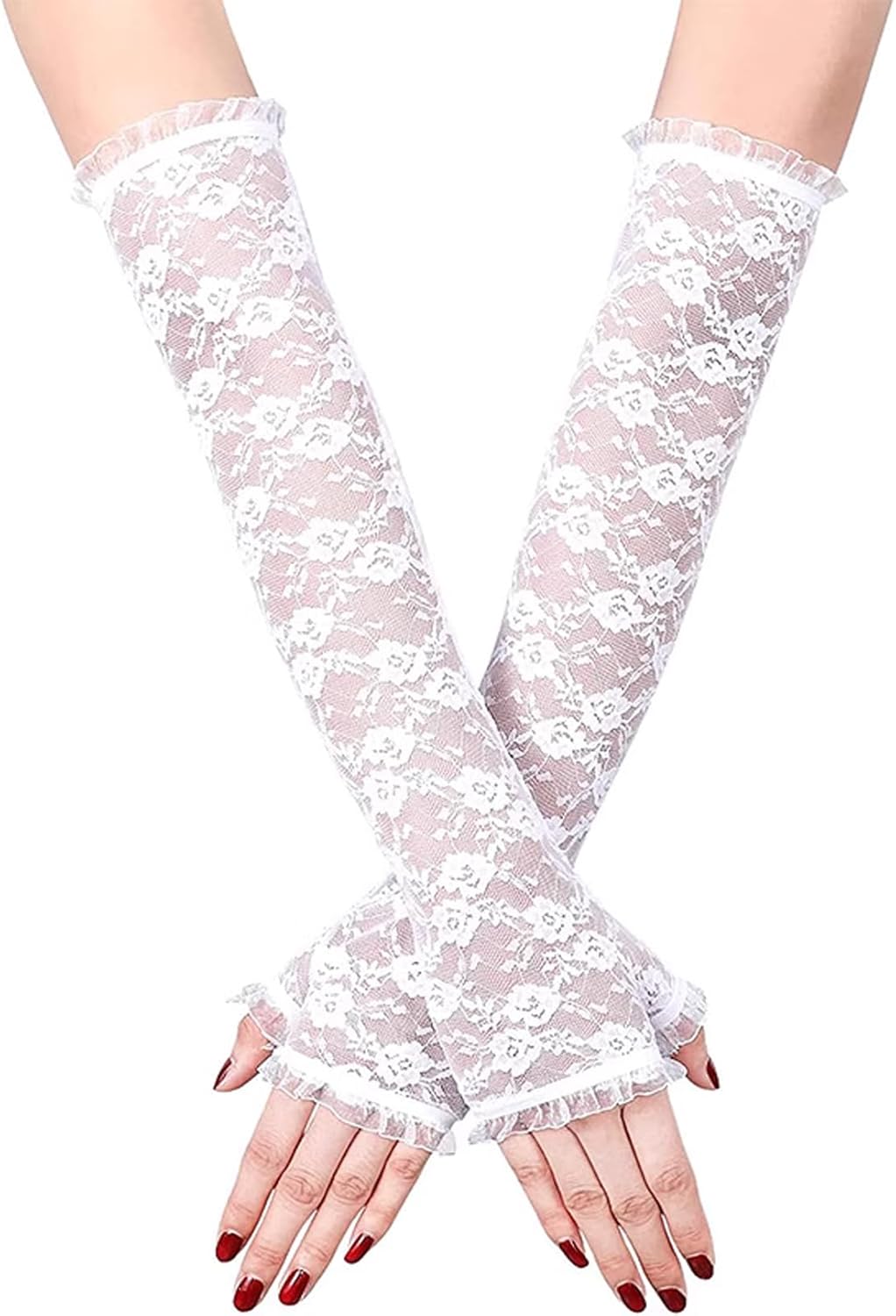 Long Lace Gloves,Black Lace Gloves for Women White Lace Gloves Fingerles Elbow Length Evening Gloves for Wedding Prom 80s Floral Opera Ladies Fancy Dress Accessory Halloween Party Costumes Masquerade