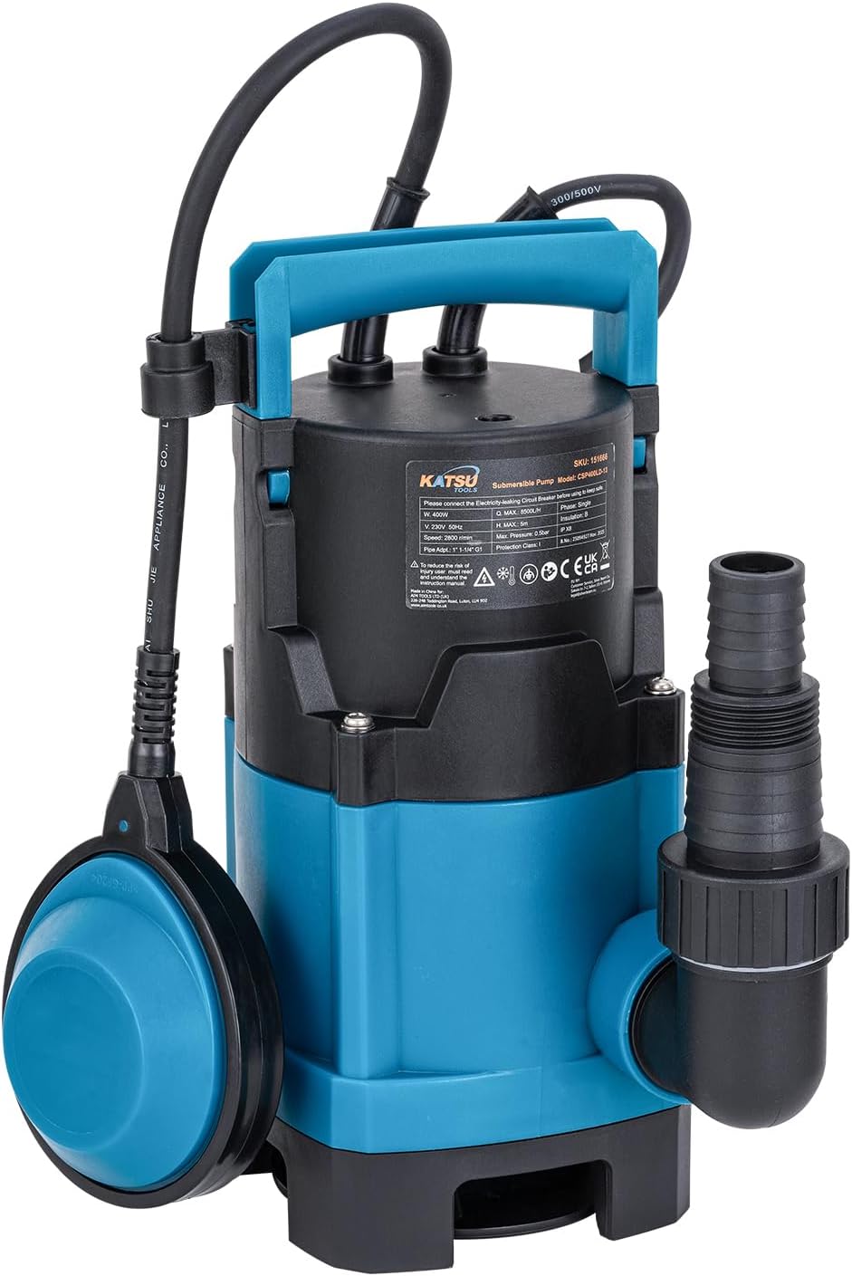 KATSU Tools 400W Portable Submersible Pump for Clean and Dirty Water 8500L/H for Garden Pond, Pools, Ditches + Float Switch + 10M Cable