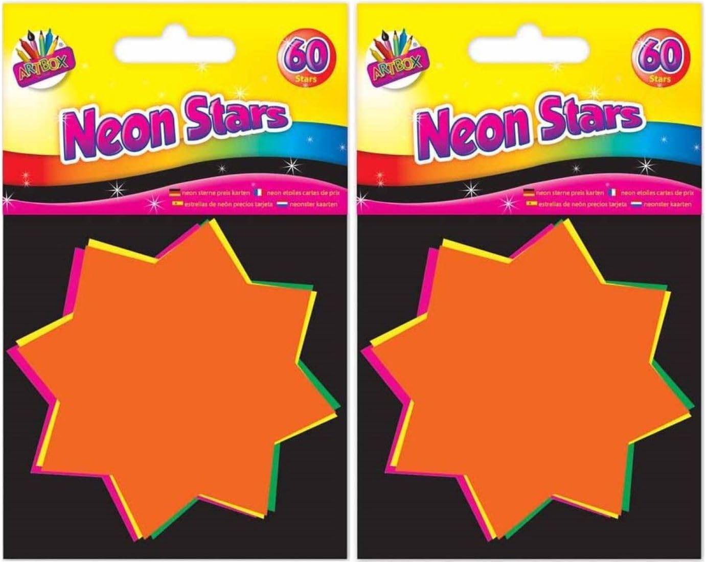 2x60 Neon Fluorescent Stars 7.5x7.5cm Assorted Flash Cards Display Tags Label Shop - Bundled by Smart Cutie
