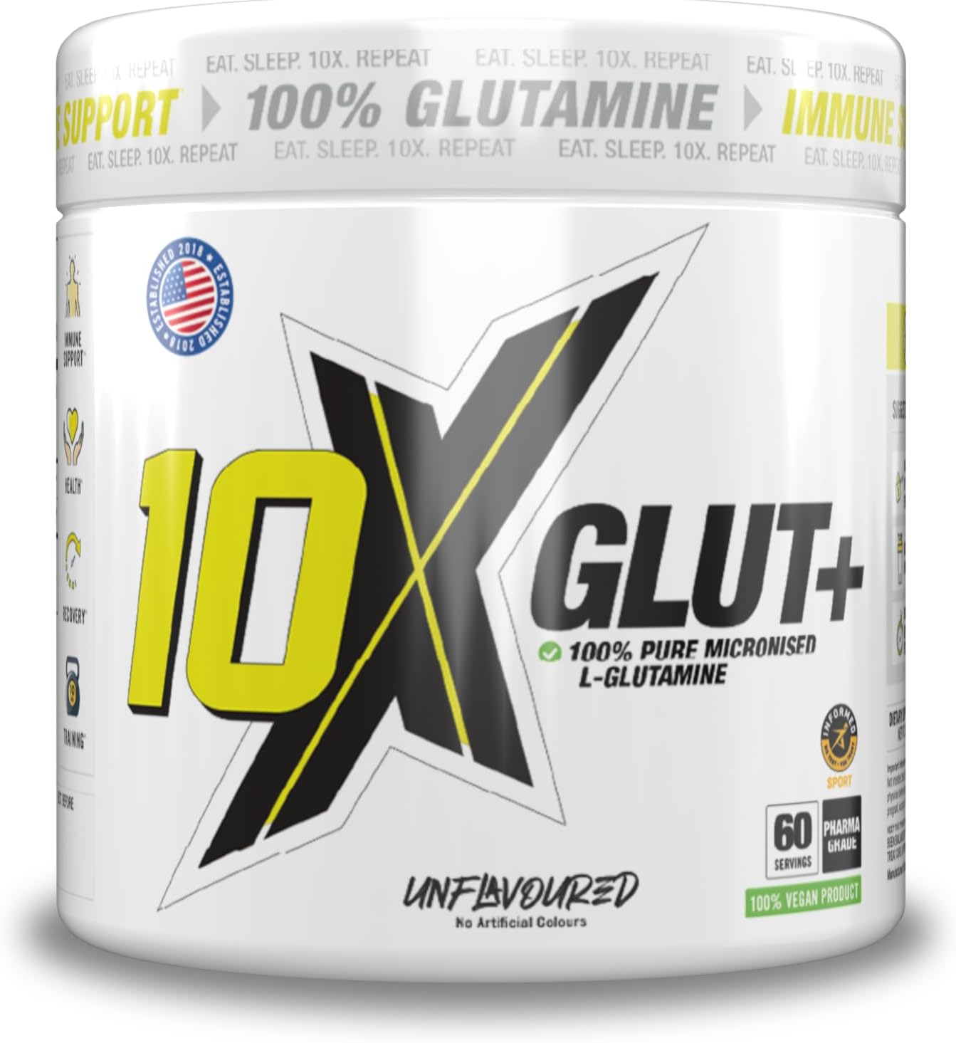 10X Athletic L-Glutamine Powder – 300g, 60 Servings, Micronized, 100% Vegan, Unflavoured, Informed Sport Certified, Supports Recovery, Gut Health & Muscle Repair