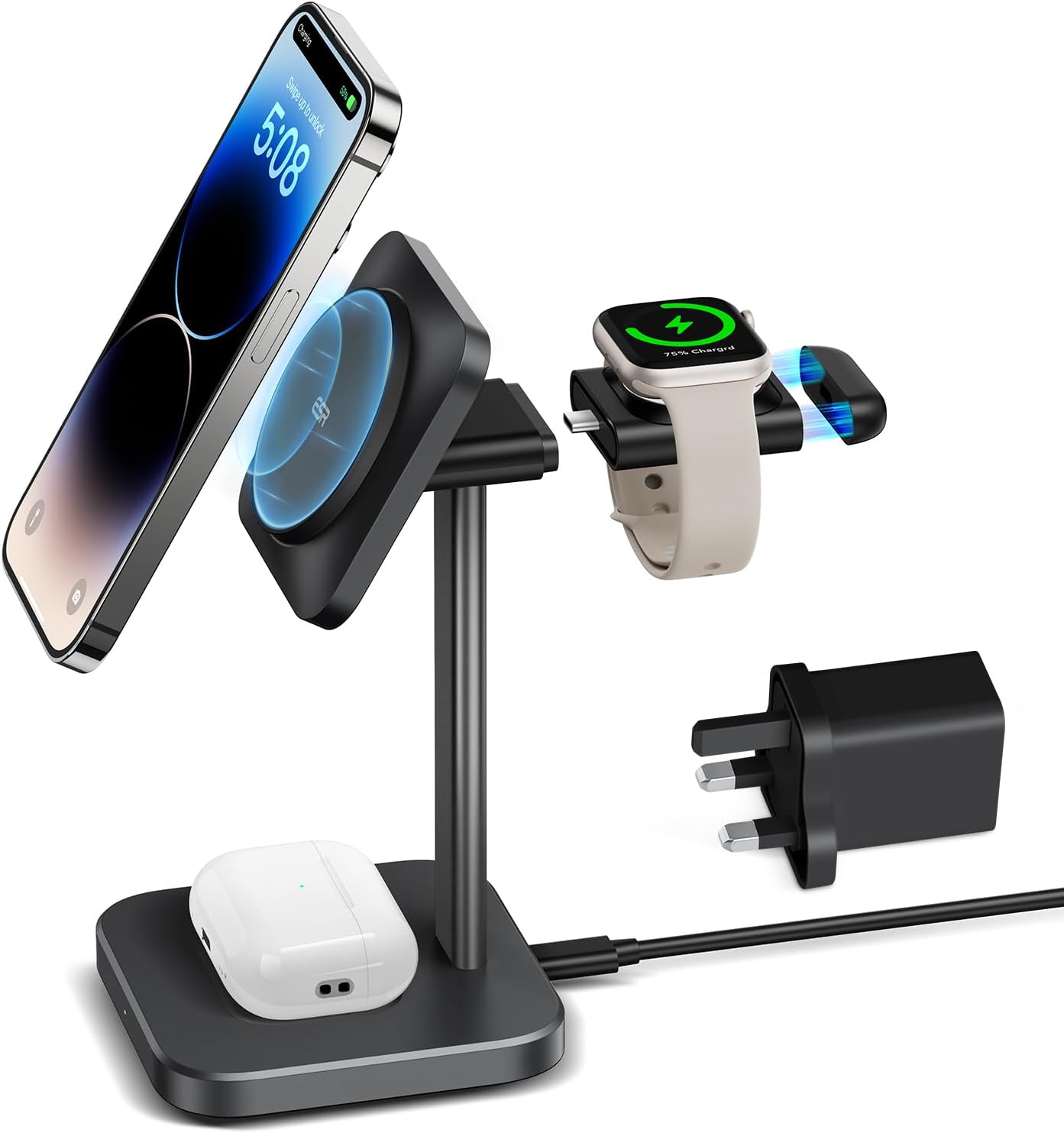 ESR 3-in-1 Wireless Charger Stand with MagSafe, Removable Made for Apple Watch Certified Charger, MagSafe Charging Station, Magnetic Charger for iPhone 16/15/14/13/12 Series, AirPods 4/3/Pro, Black