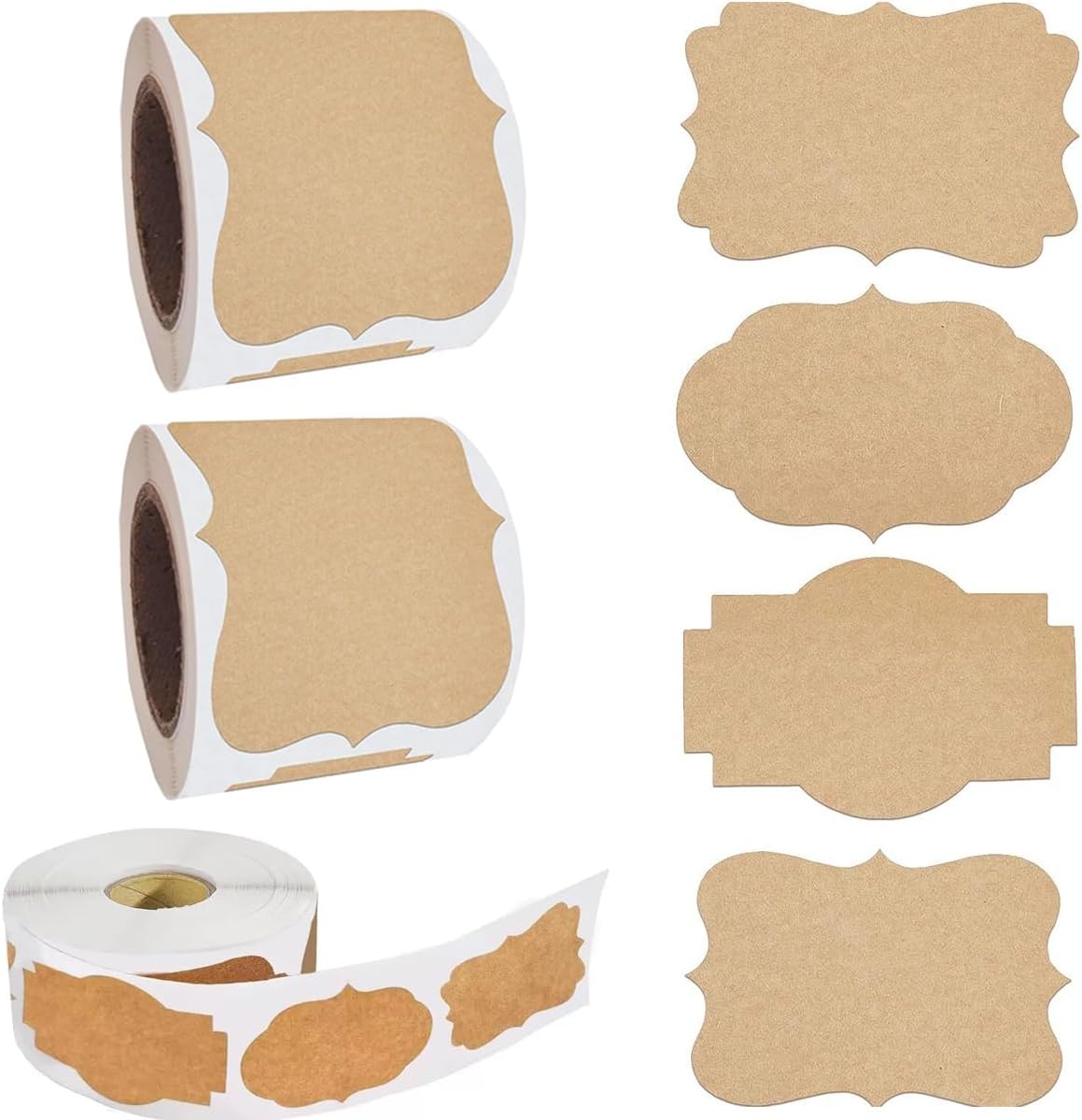 900PCS Kraft Paper Stickers, 4 Fancy Shapes Labels Self Adhesive Blank Stickers for Crafts, Homemade Food Jars, Gift Tags, Name Labels, Envelope, Home Office Business Uses