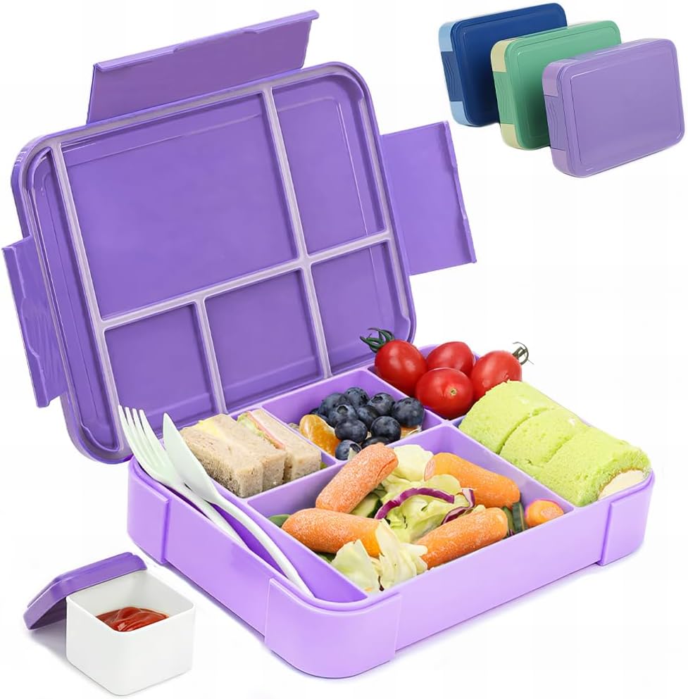 Bugucat Bento Lunch Box 1330ML,Kids Lunch Box Bento Boxes with 6 Compartments Cutlery,Leak Proof Lunchbox Snack Boxes for Kids Adult,Kids Lunch Box with Compartments for School Kindergarten Purple