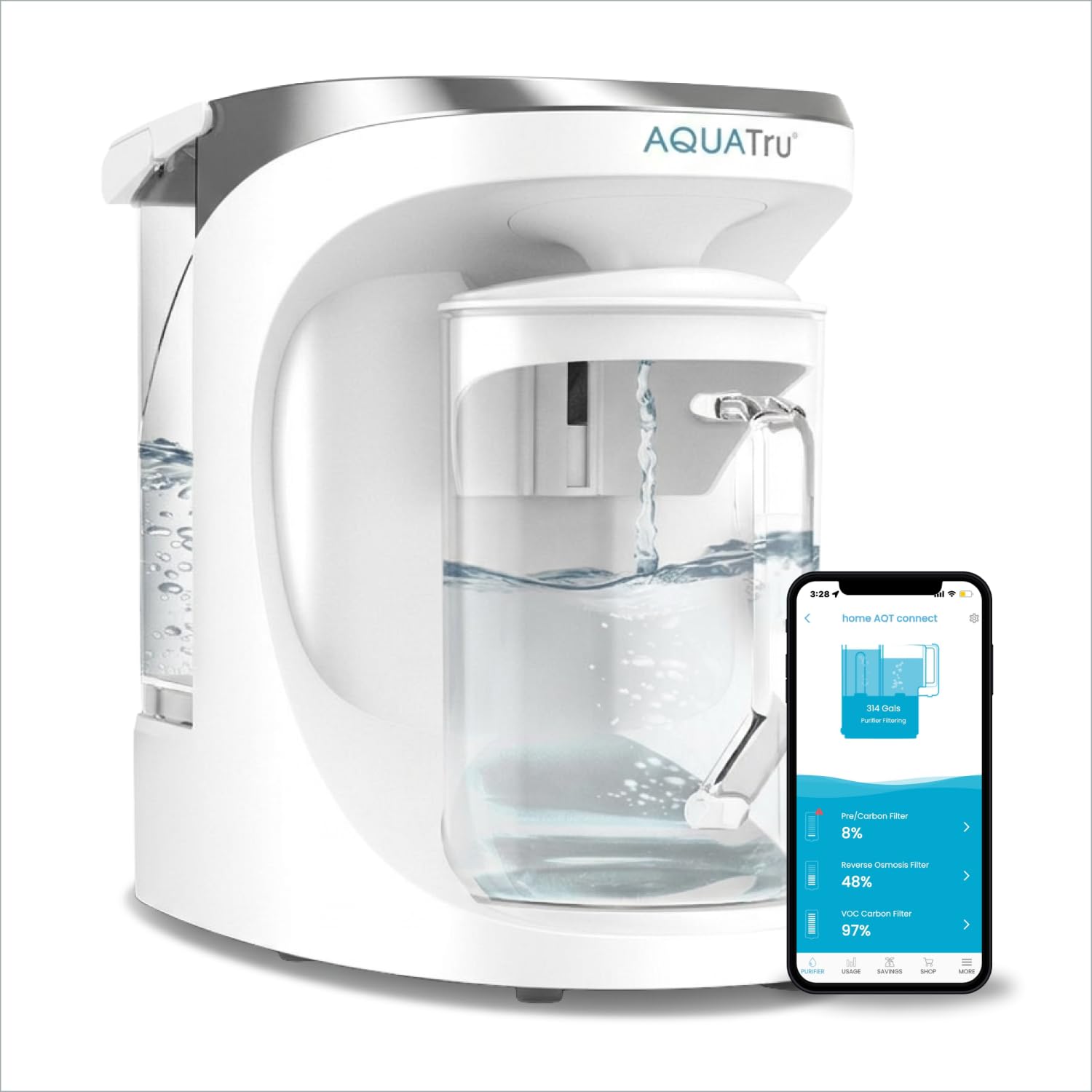 AquaTru Glass Carafe Smart Countertop Reverse Osmosis Water Purifier | WiFi Connected RO System | Removes 84 Contaminants Including PFOA + PFOS (PFAS), Lead and Microplastics | No Plumbing Required
